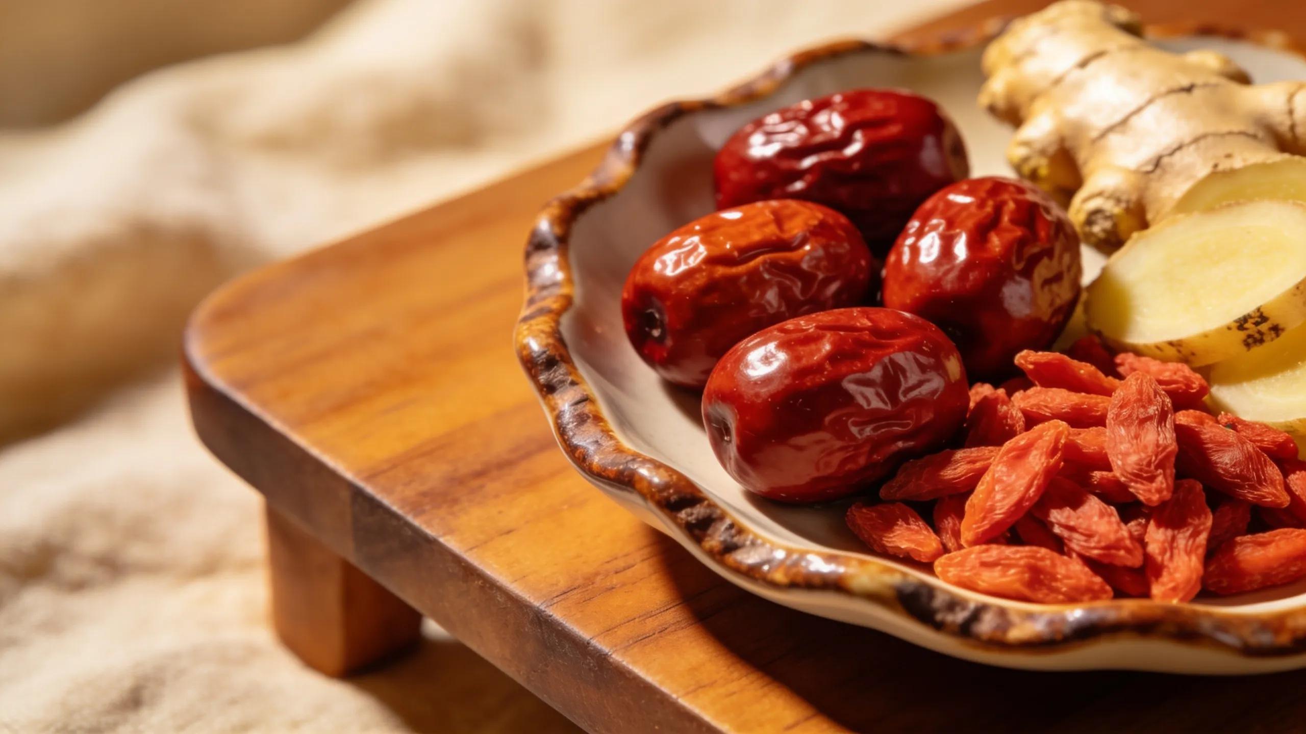 A colorful arrangement of healthful foods for women's reproductive health, featuring ginger, red dates, and goji berries