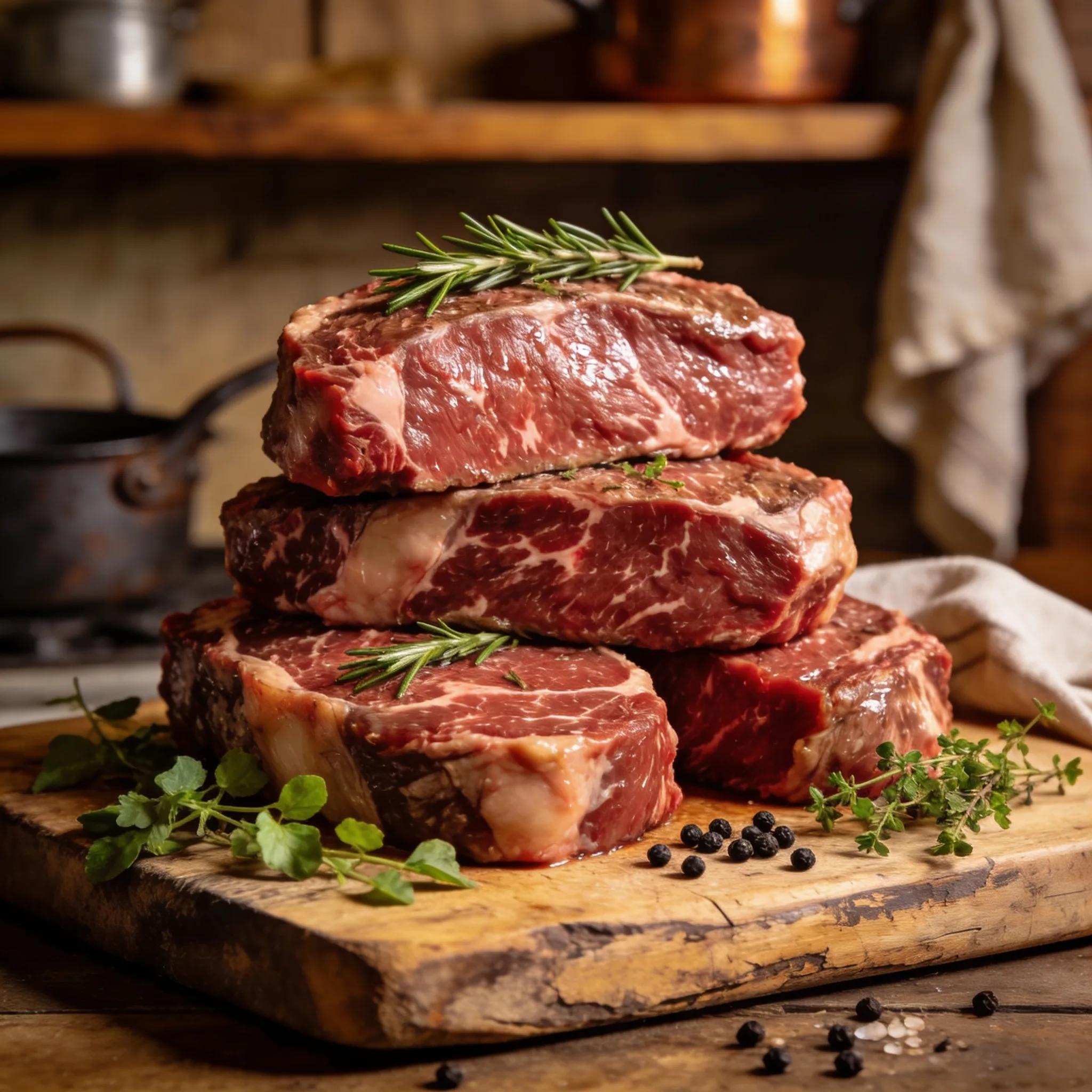 High-quality grass-fed beef steaks on a cutting board with fresh herbs