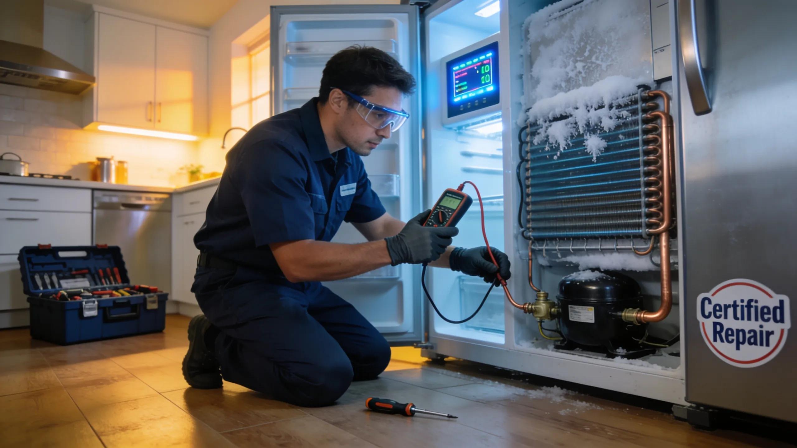Technician repairing a refrigerator in a modern kitchen, showcasing expertise and reliability in appliance repair services.