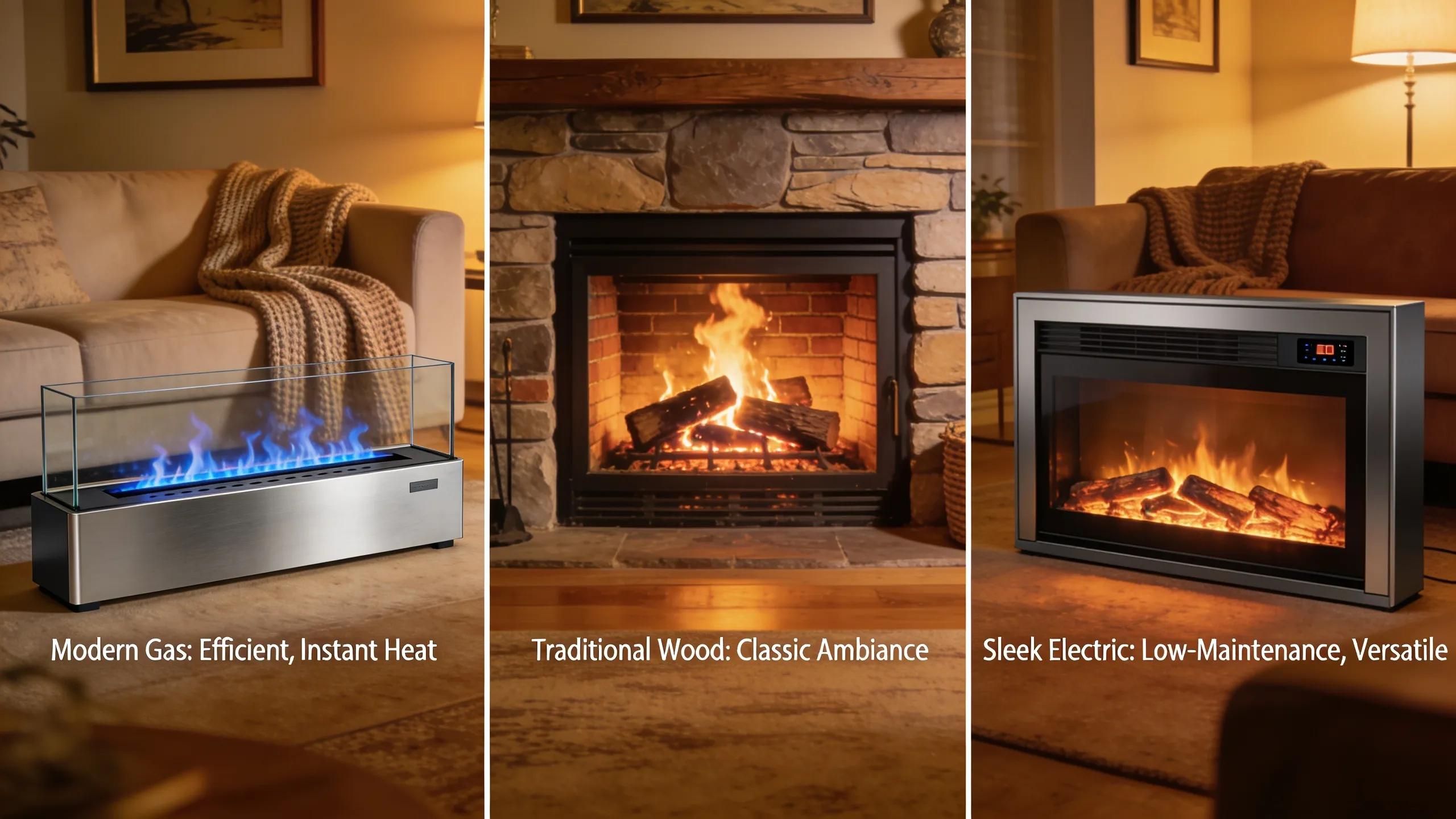 Visual comparison of gas, wood, and electric fireplaces showcasing design diversity