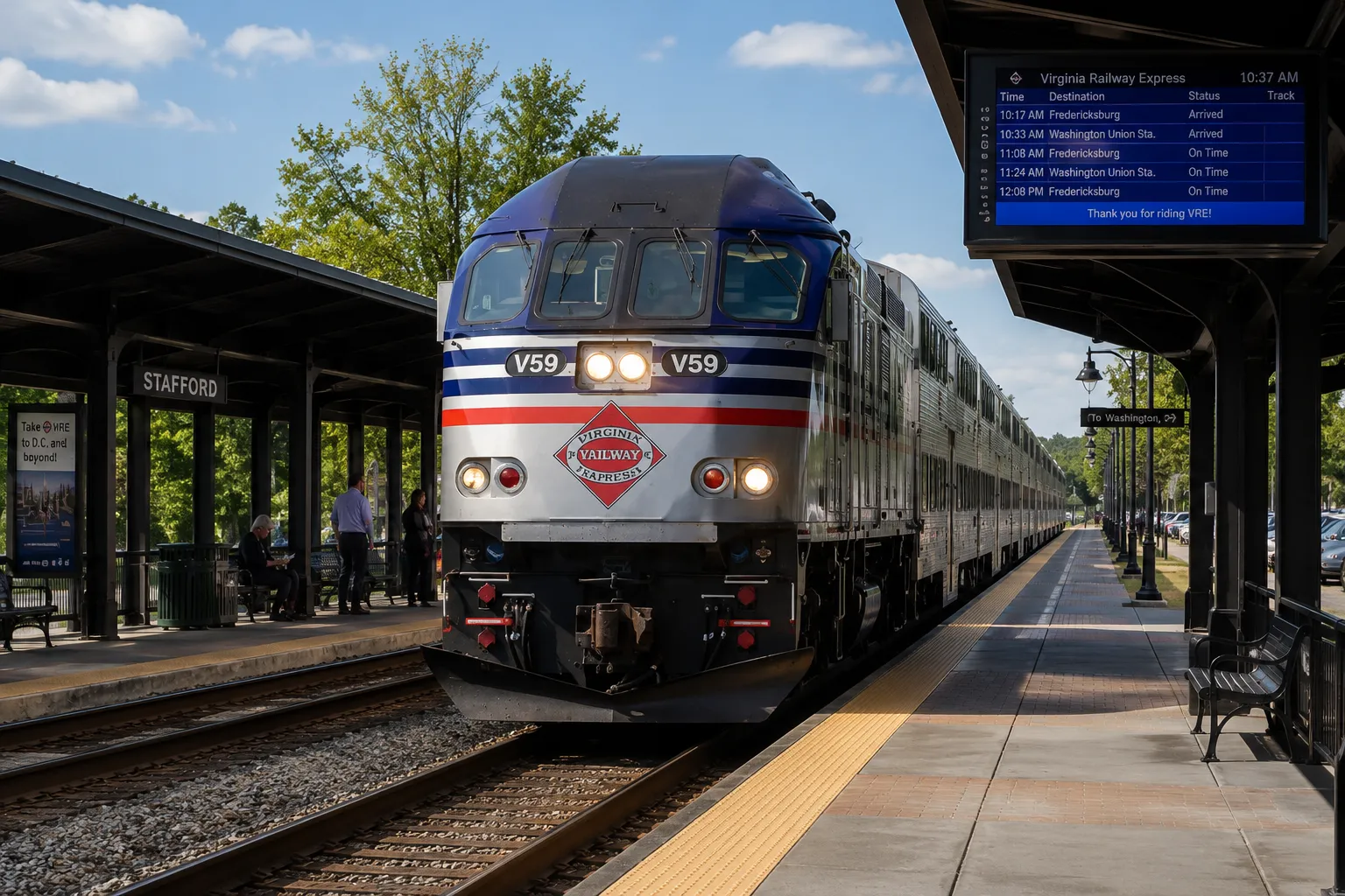 VRE commuter train at a Stafford station platform