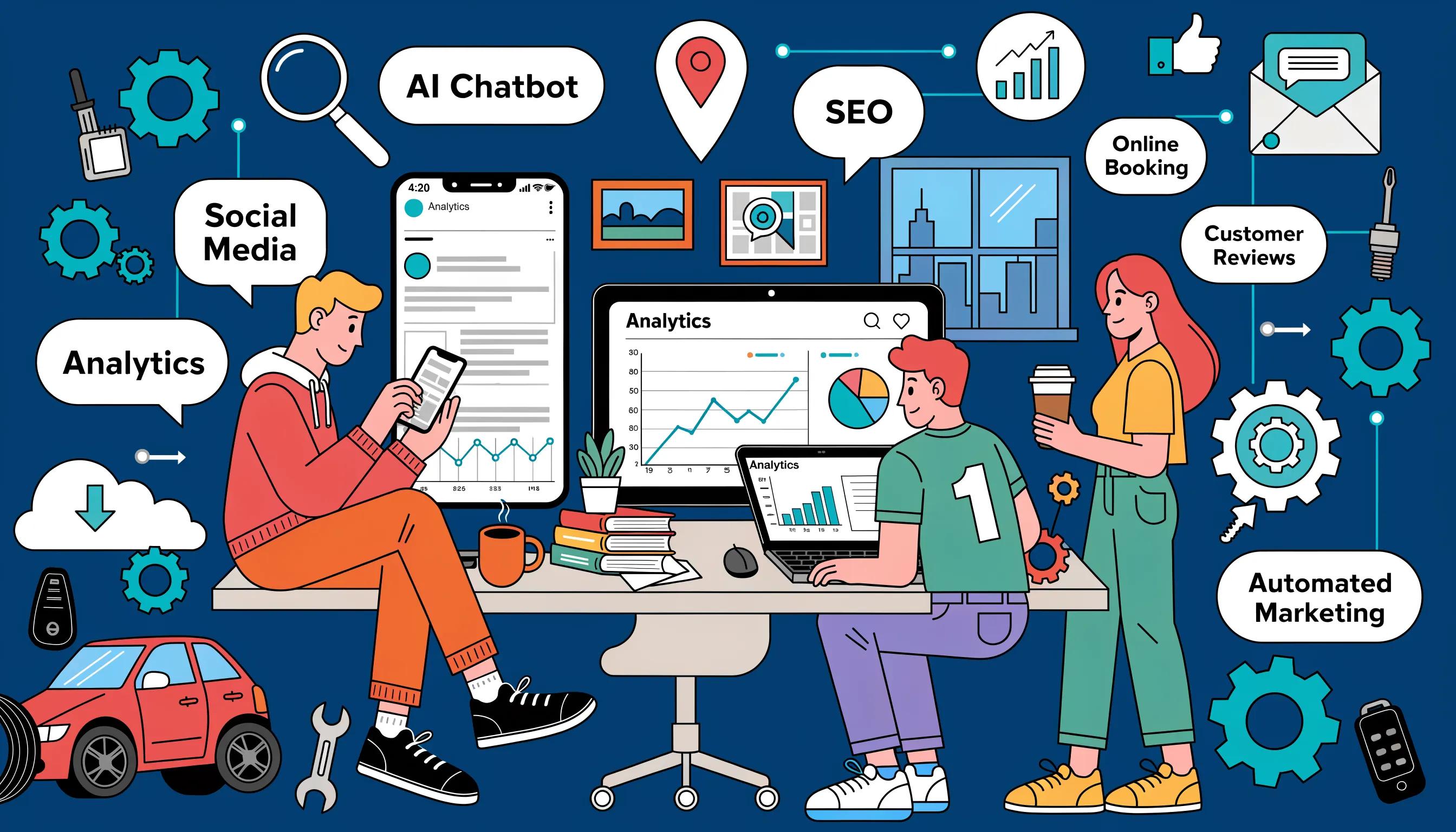 Visual representation of emerging marketing trends for auto repair in a modern workspace setting
