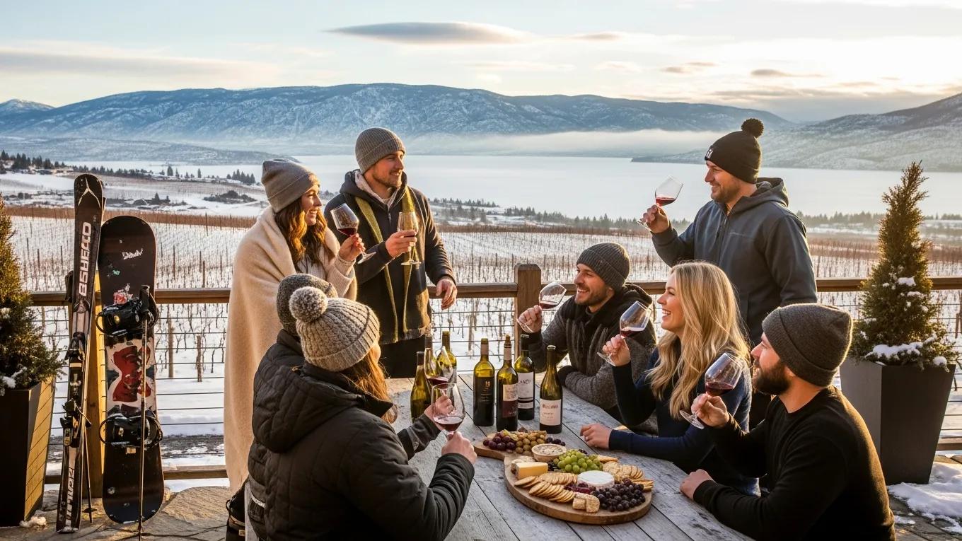 Travelers enjoying wine tasting in Okanagan Valley after skiing