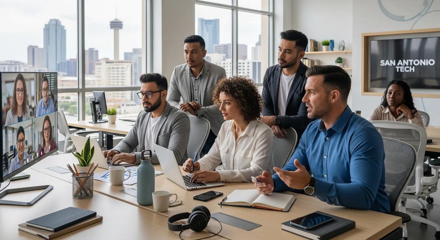 Business team utilizing VoIP technology in a modern San Antonio workspace