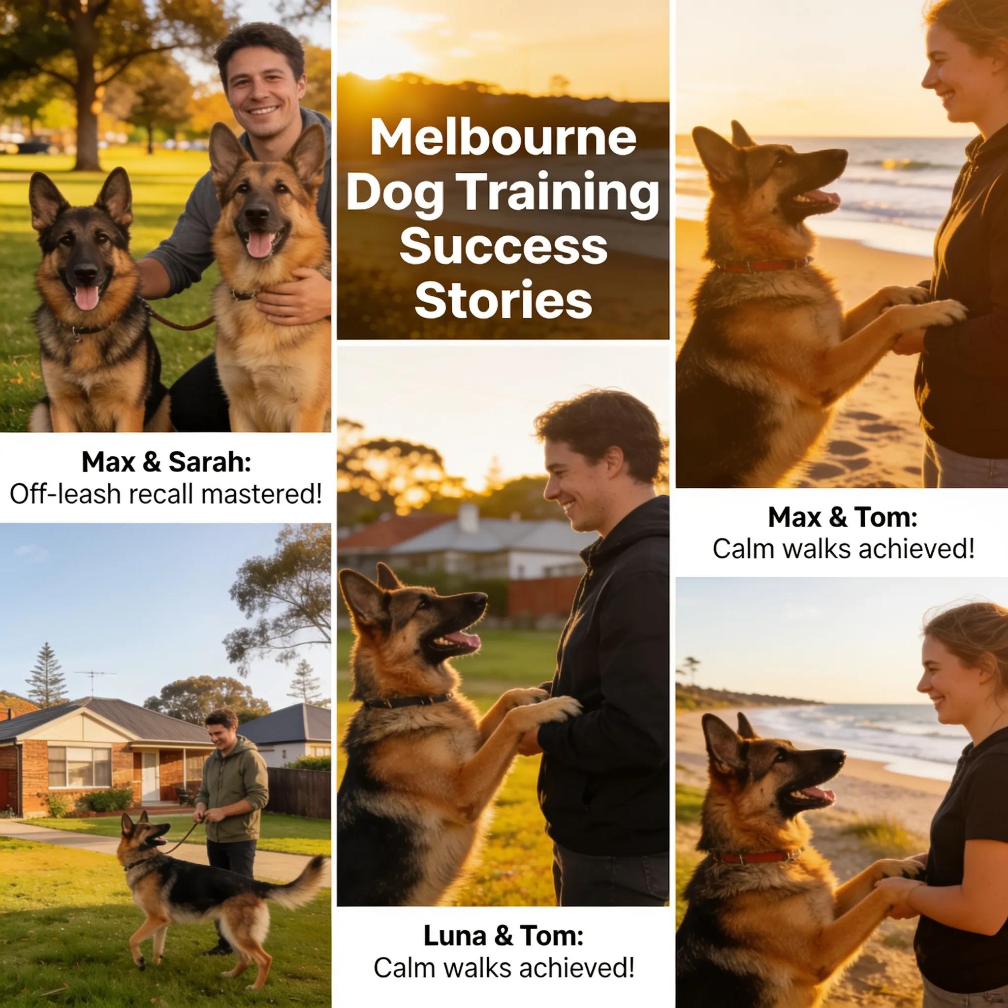 Happy German Shepherds with their owners showcasing successful aggression management and positive behavioural change