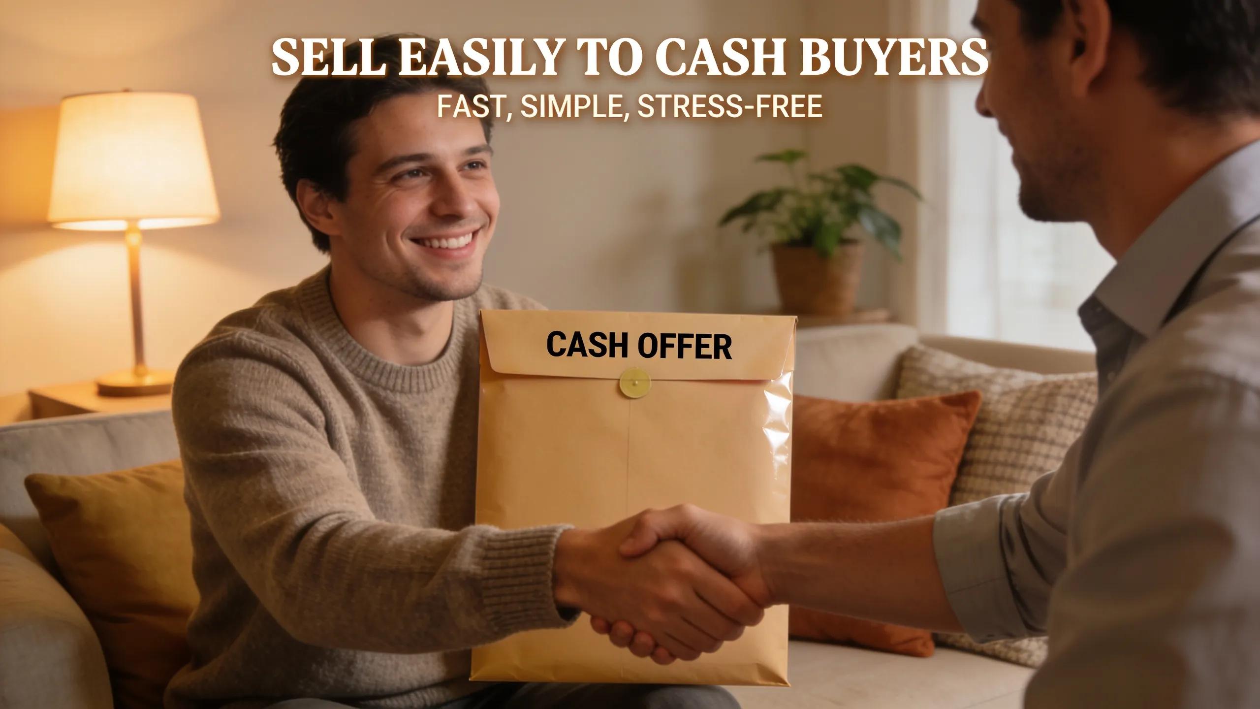 Handshake between seller and cash buyer over a cash offer envelope in a living room