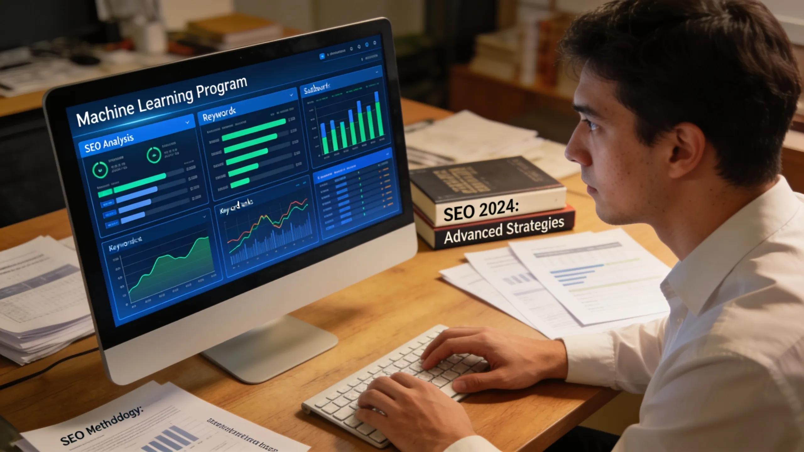 Professional using machine learning software for SEO data analysis on a computer Professional using machine learning software for SEO data analysis on a computer