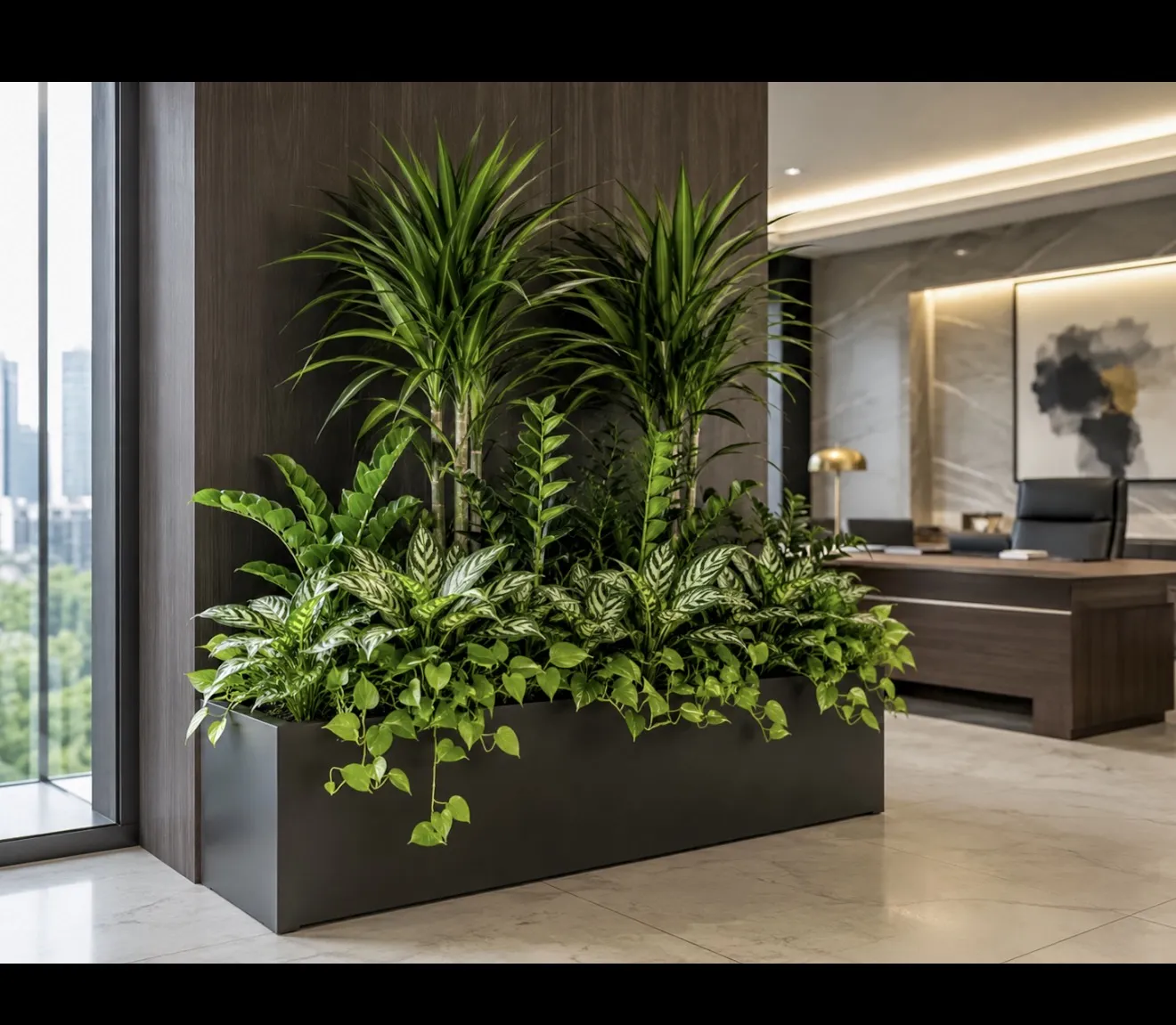 Corporate office interior with a variety of indoor plants enhancing aesthetics and air quality