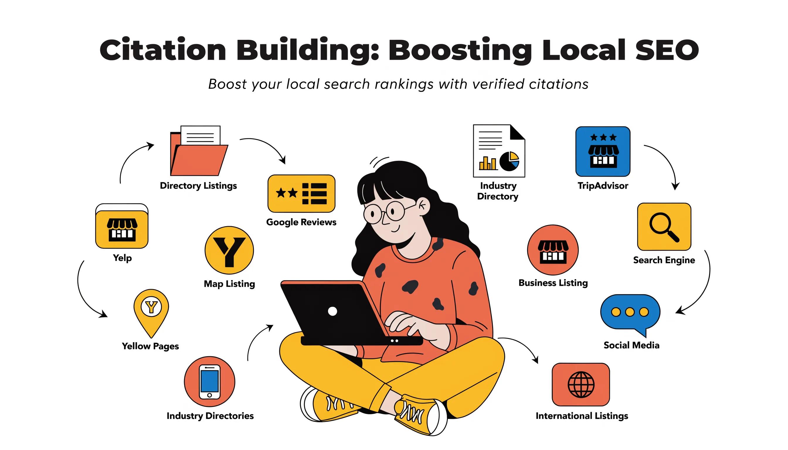 An individual researching local businesses online, emphasizing the importance of citation building for SEO.