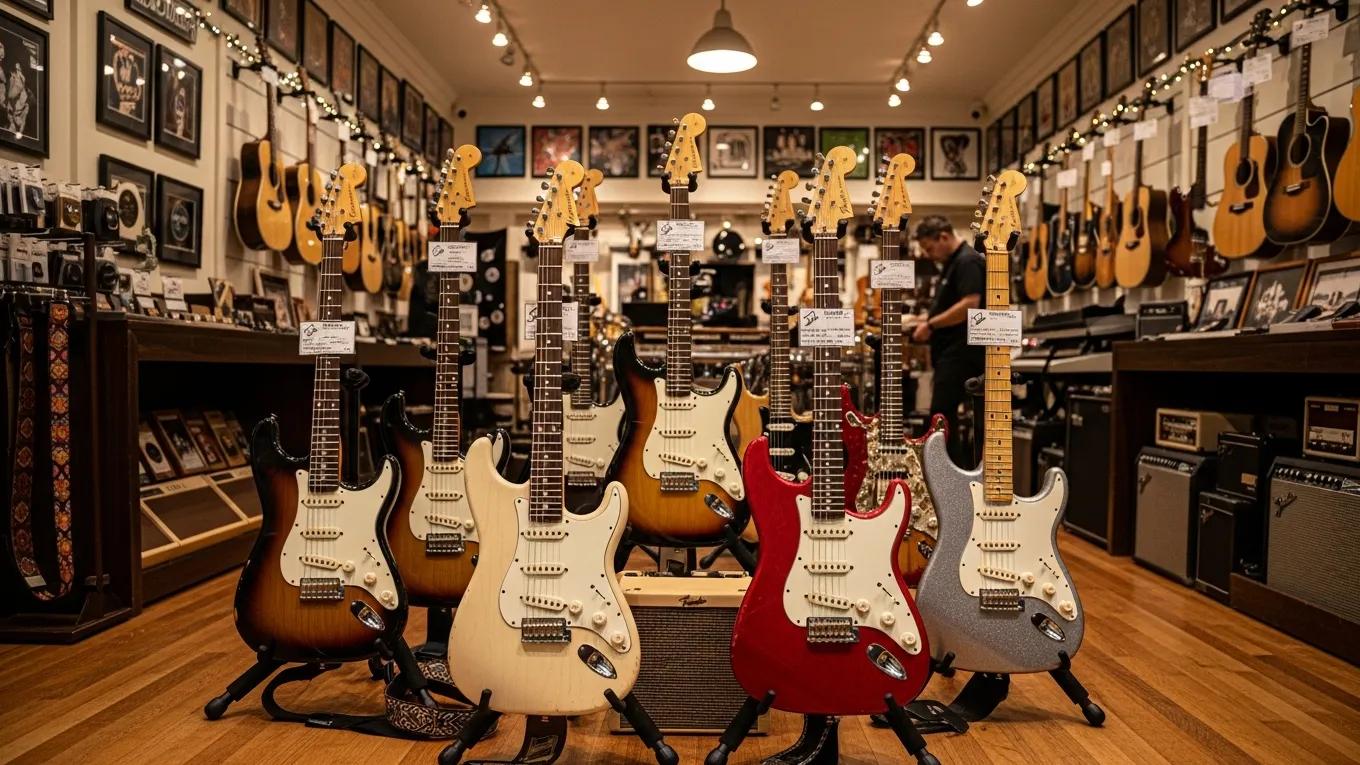 Display of various Fender Stratocaster models in a warm music shop setting
