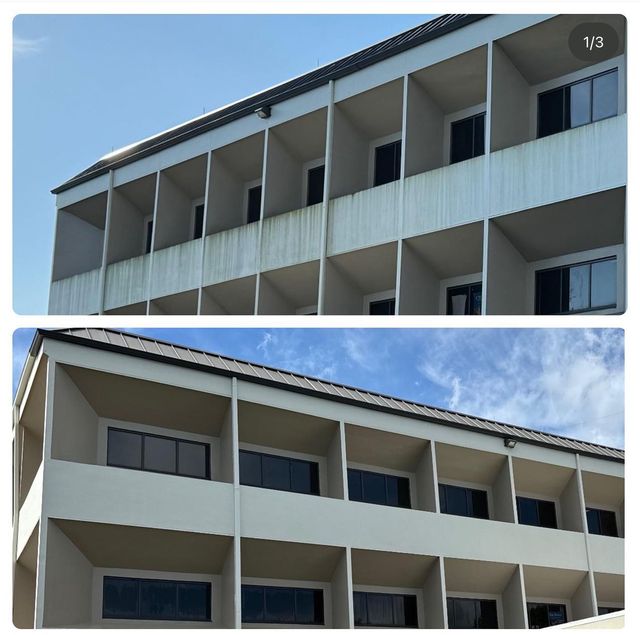 Commercial building exterior pressure washing before and after