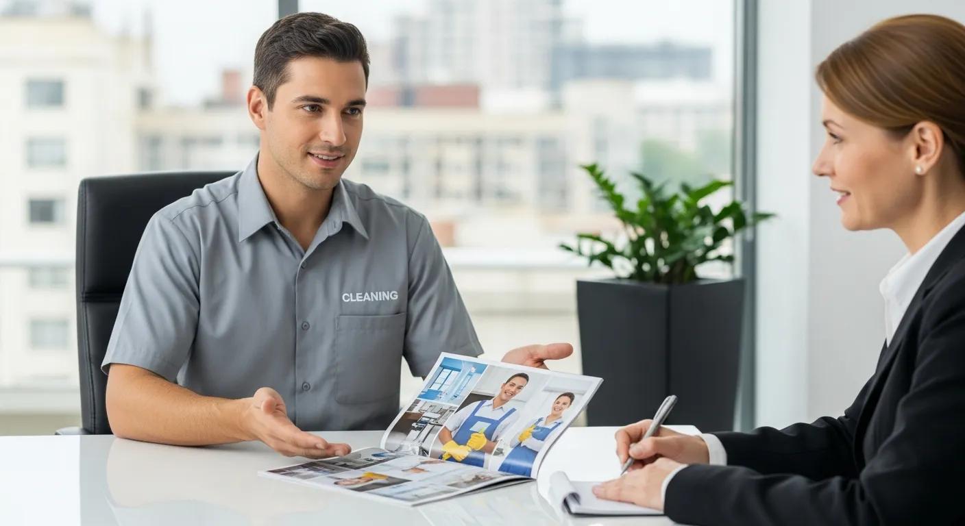 Professional cleaning provider discussing services with a client, emphasizing trust and quality