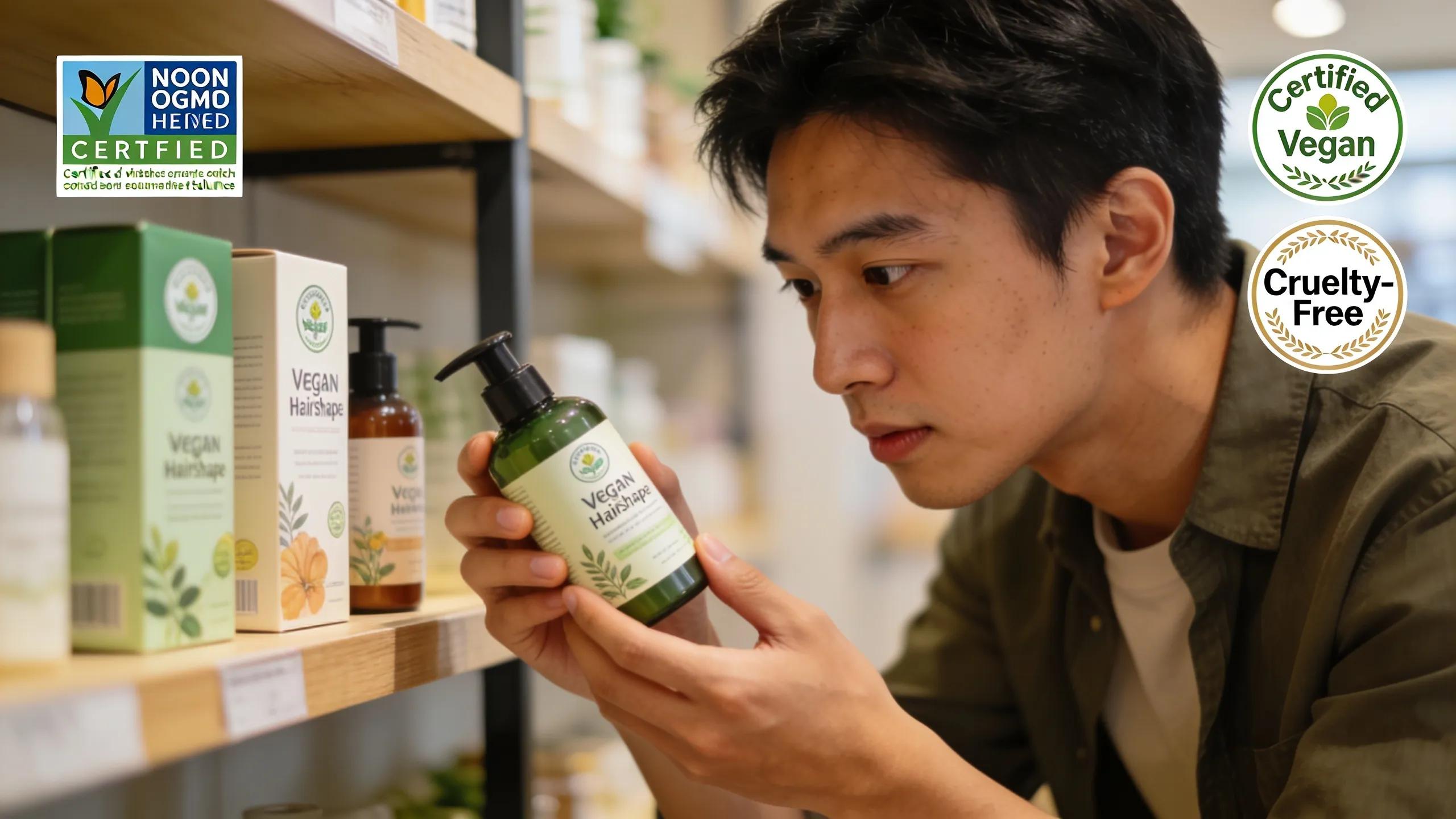 Consumer shopping for vegan haircare products, assessing certifications for ethical beauty choices