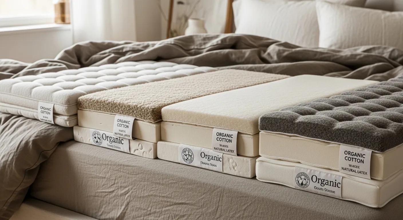 Selection of sustainable mattress toppers made from organic materials on a bed