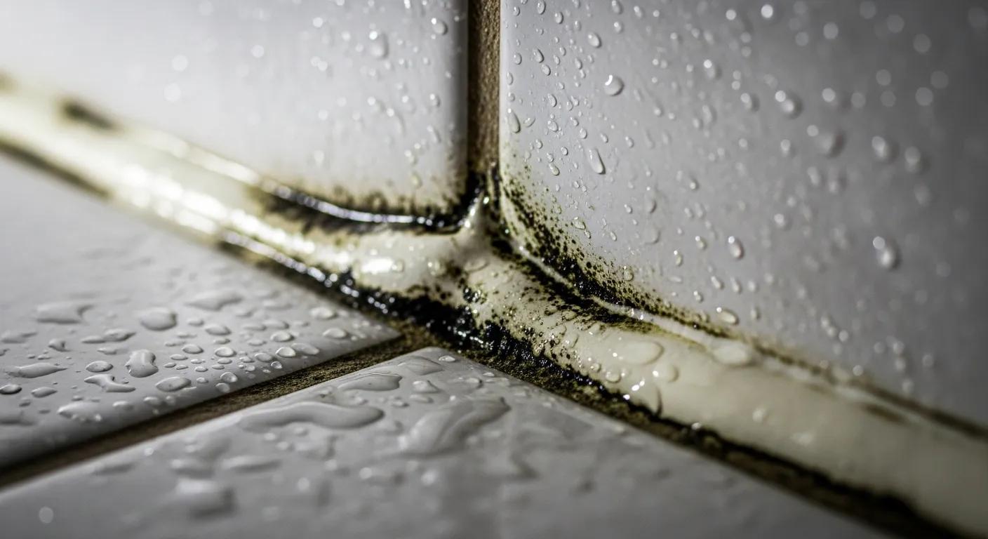 Bathroom grout and caulk holding moisture with visible mold spots Bathroom grout and caulk holding moisture with visible mold spots
