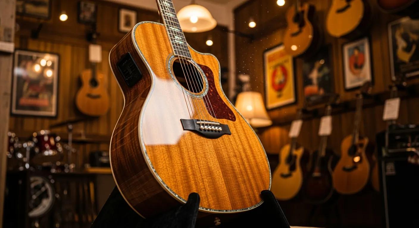 Boutique acoustic guitar in a cozy music shop, highlighting craftsmanship and quality