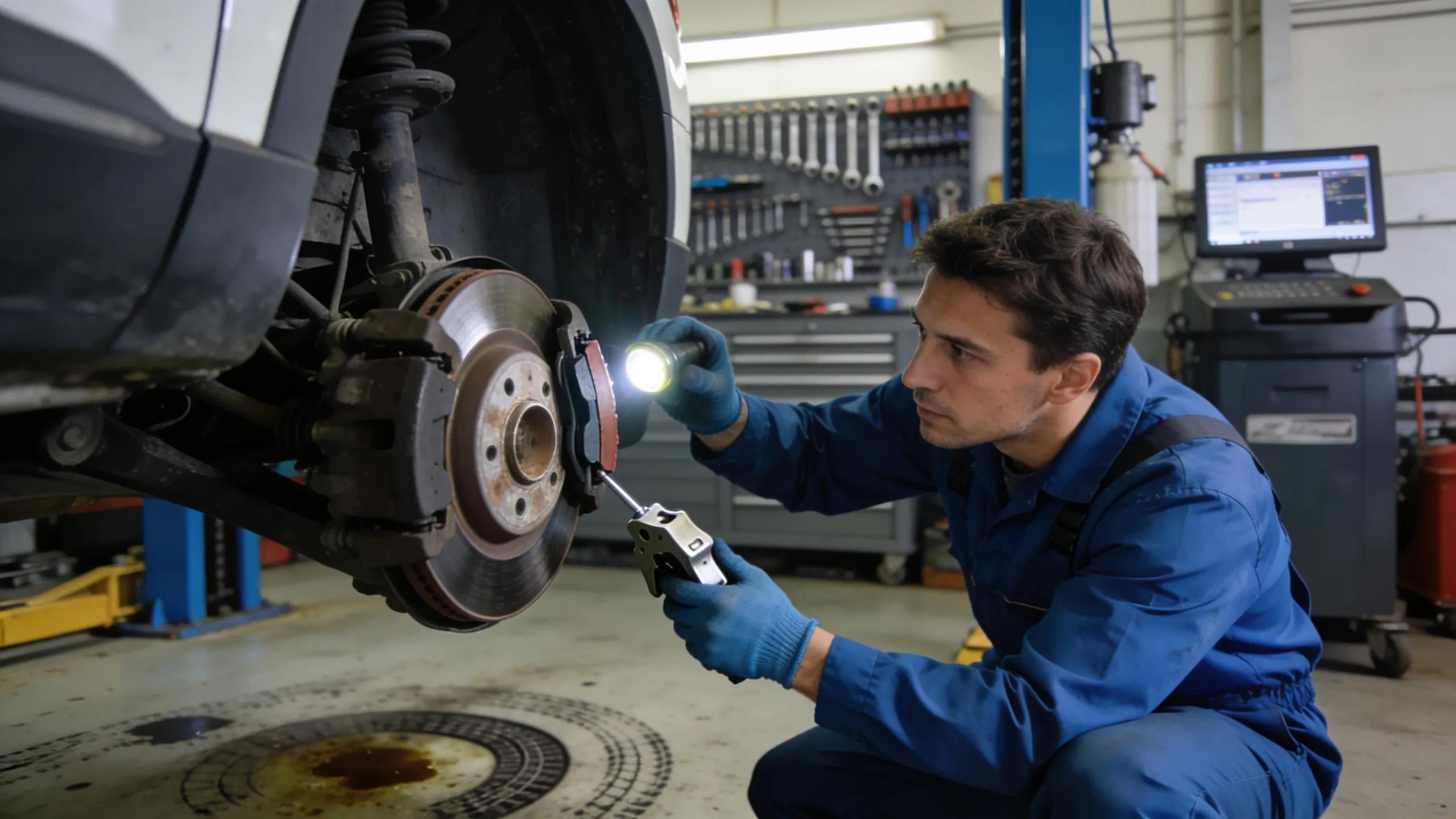 Mechanic conducting a thorough brake inspection to ensure vehicle safety