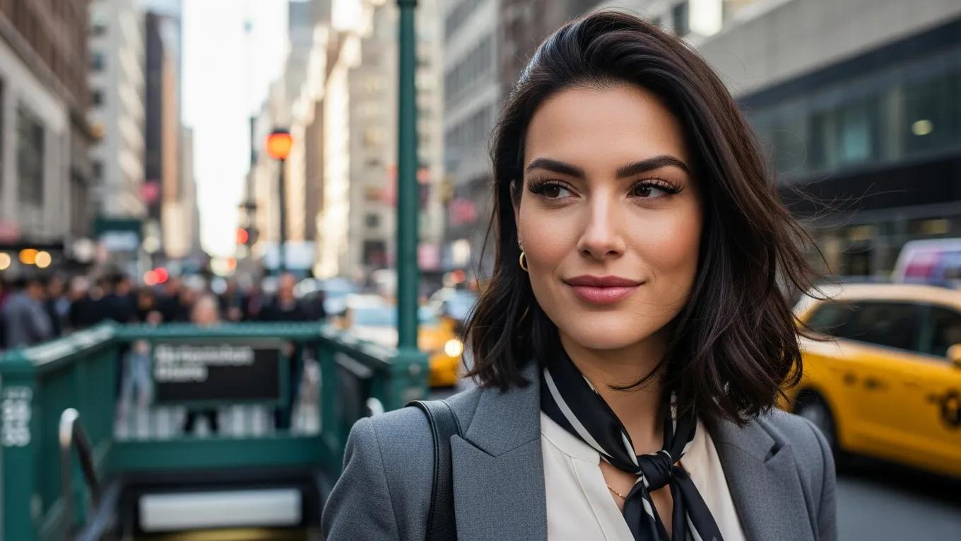 Woman in NYC with beautiful lash extensions, showcasing the benefits of mink and silk lashes for daily commuters