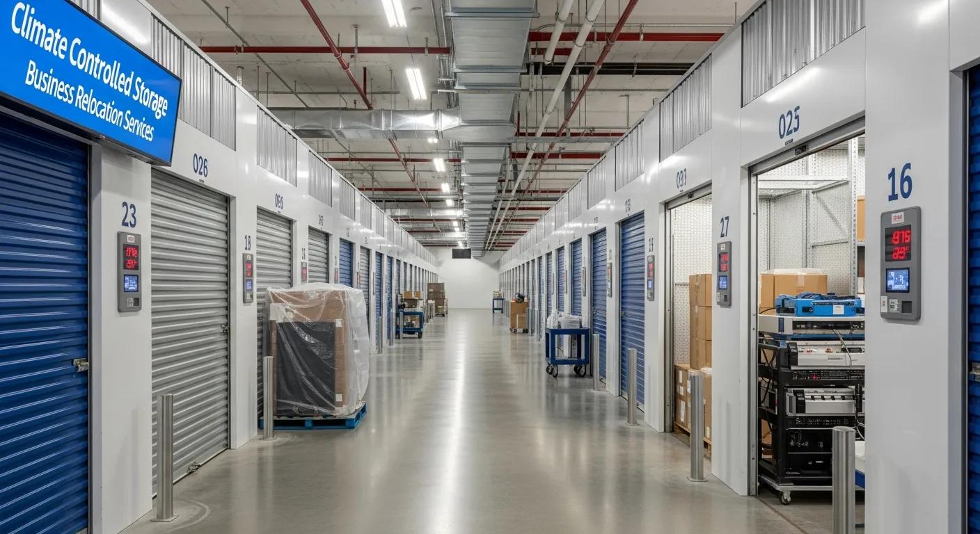 Organized storage facility with climate-controlled units for business relocation