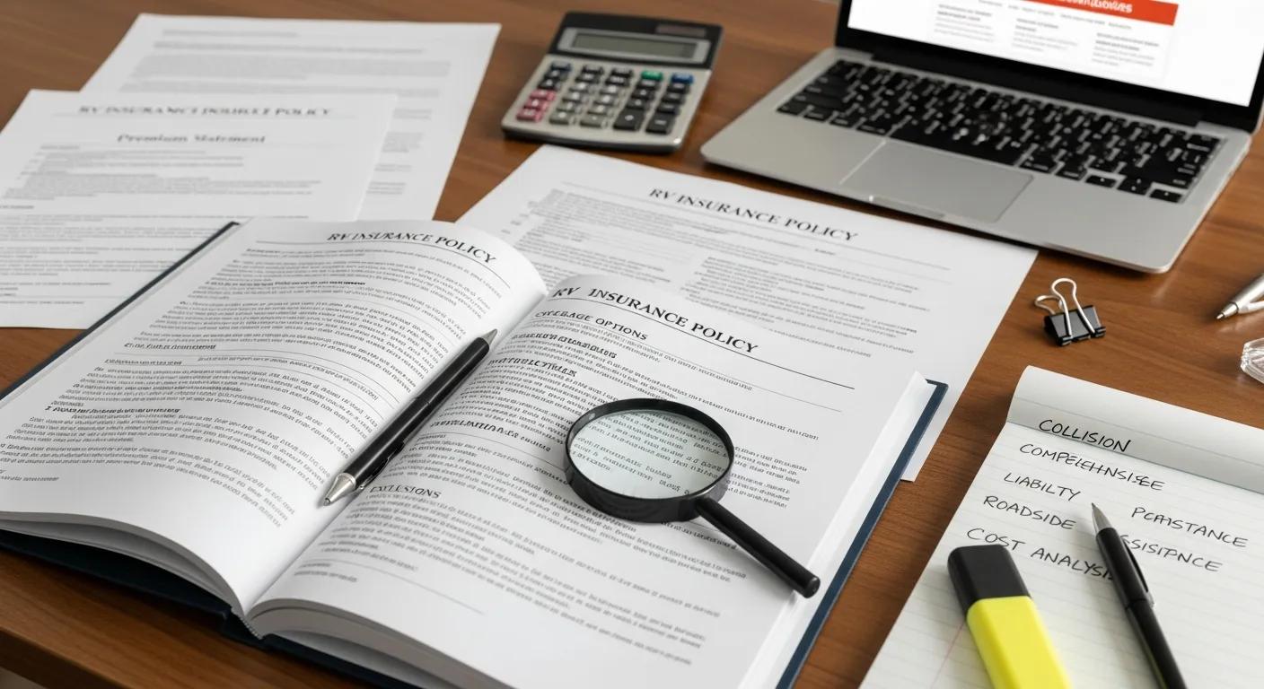 Close-up of RV insurance documents and tools for understanding insurance requirements