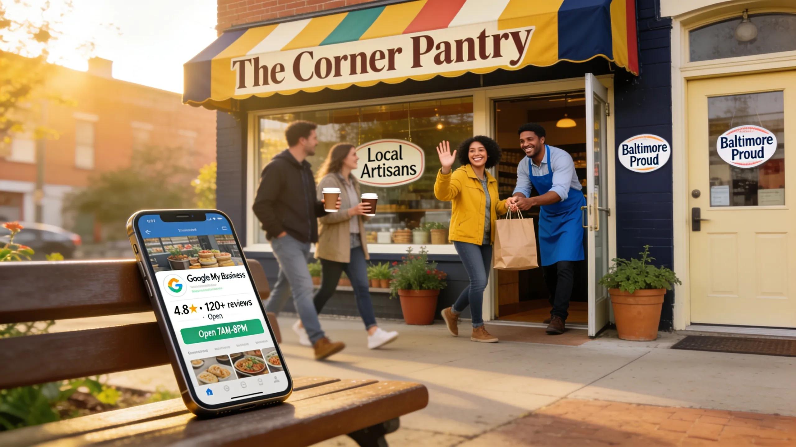 Local Baltimore business storefront with Google My Business listing visible, showcasing community engagement