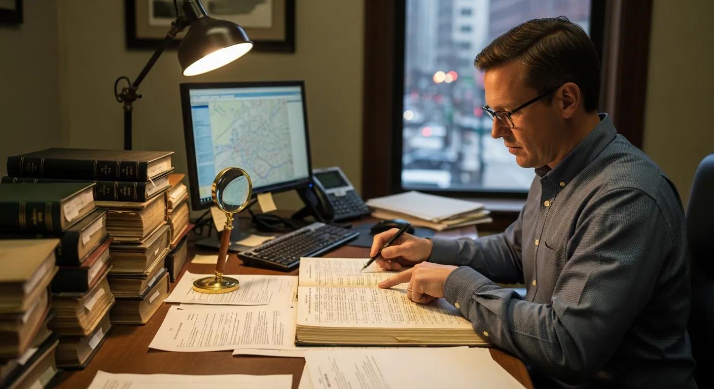 Title examiner reviewing public records for a property title search