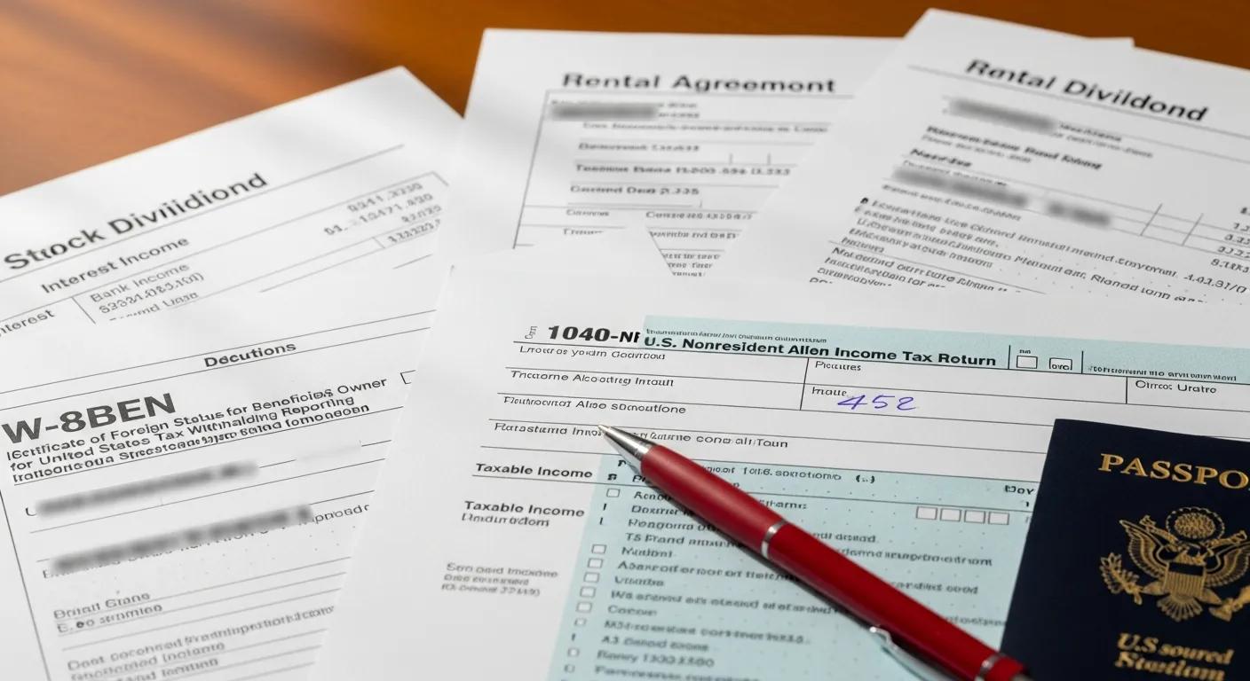 Close-up of a tax form with financial documents illustrating taxable income for non-resident aliens