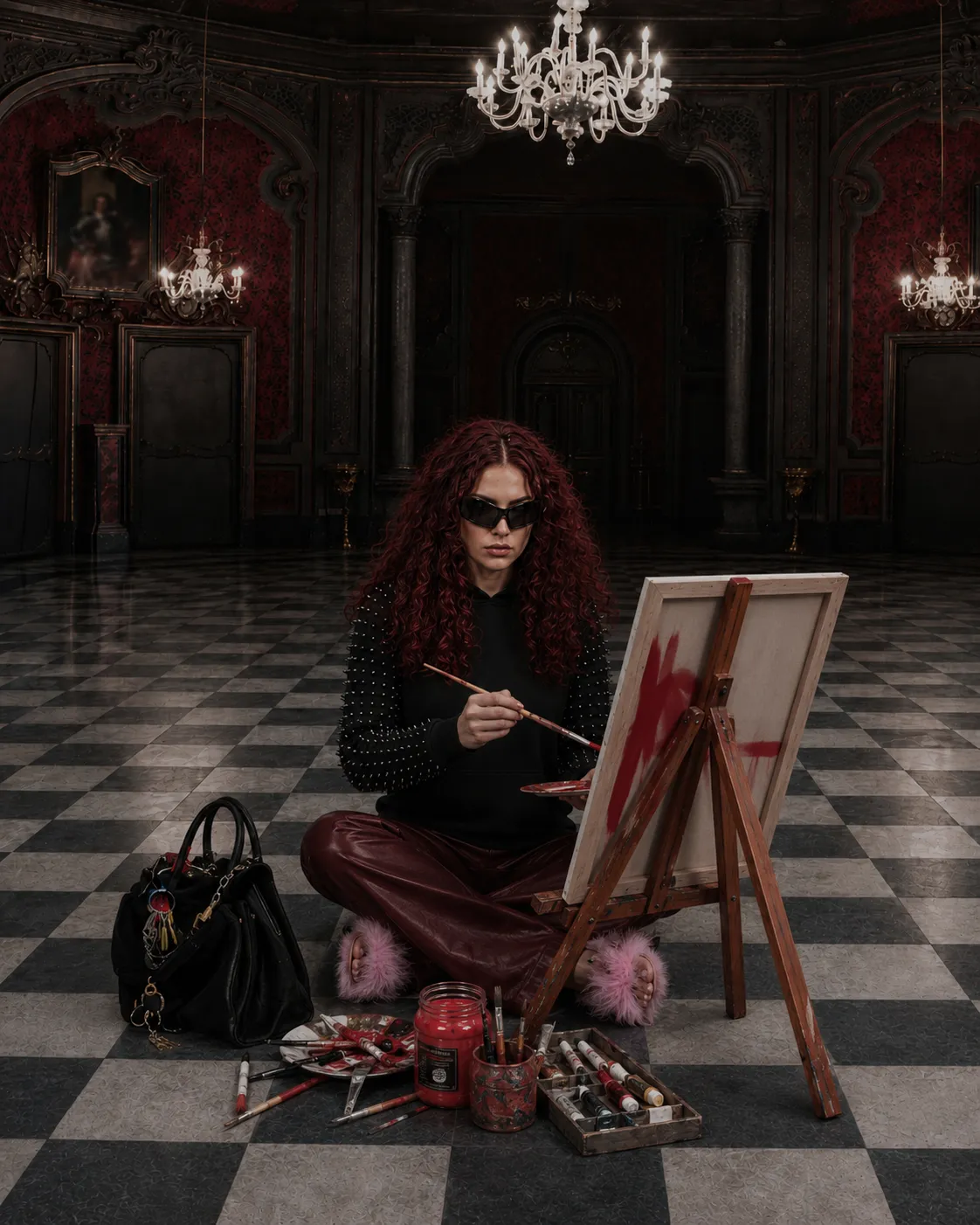 Woman wearing a black JEEYODEE Thorns garment while painting at an easel in a dark