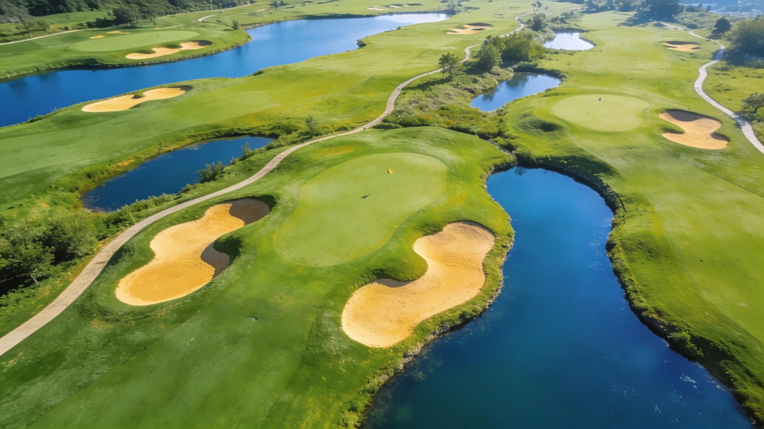 Aerial view of a golf course featuring greens, bunkers, and water hazards for effective course layout analysis
