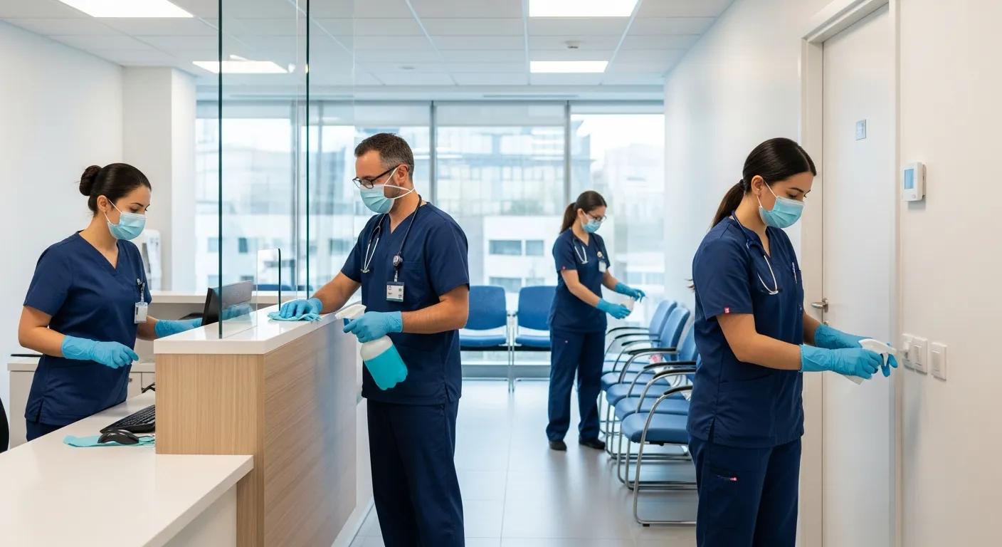 Staff disinfecting high-touch surfaces in a medical office