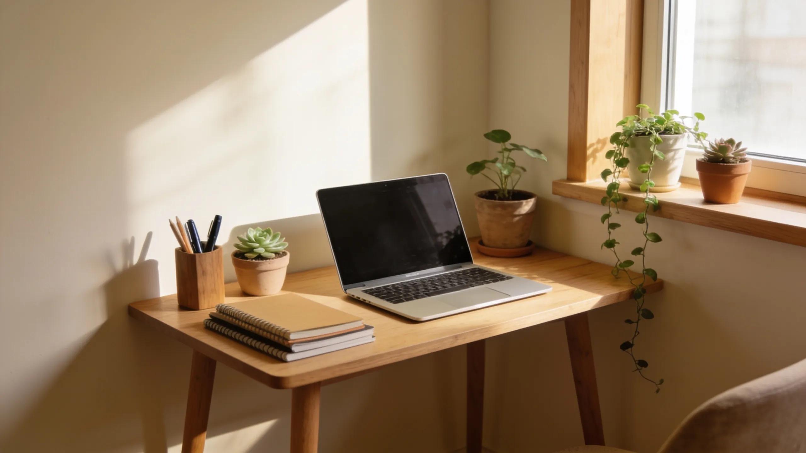 Small wooden desk in a cozy home office environment