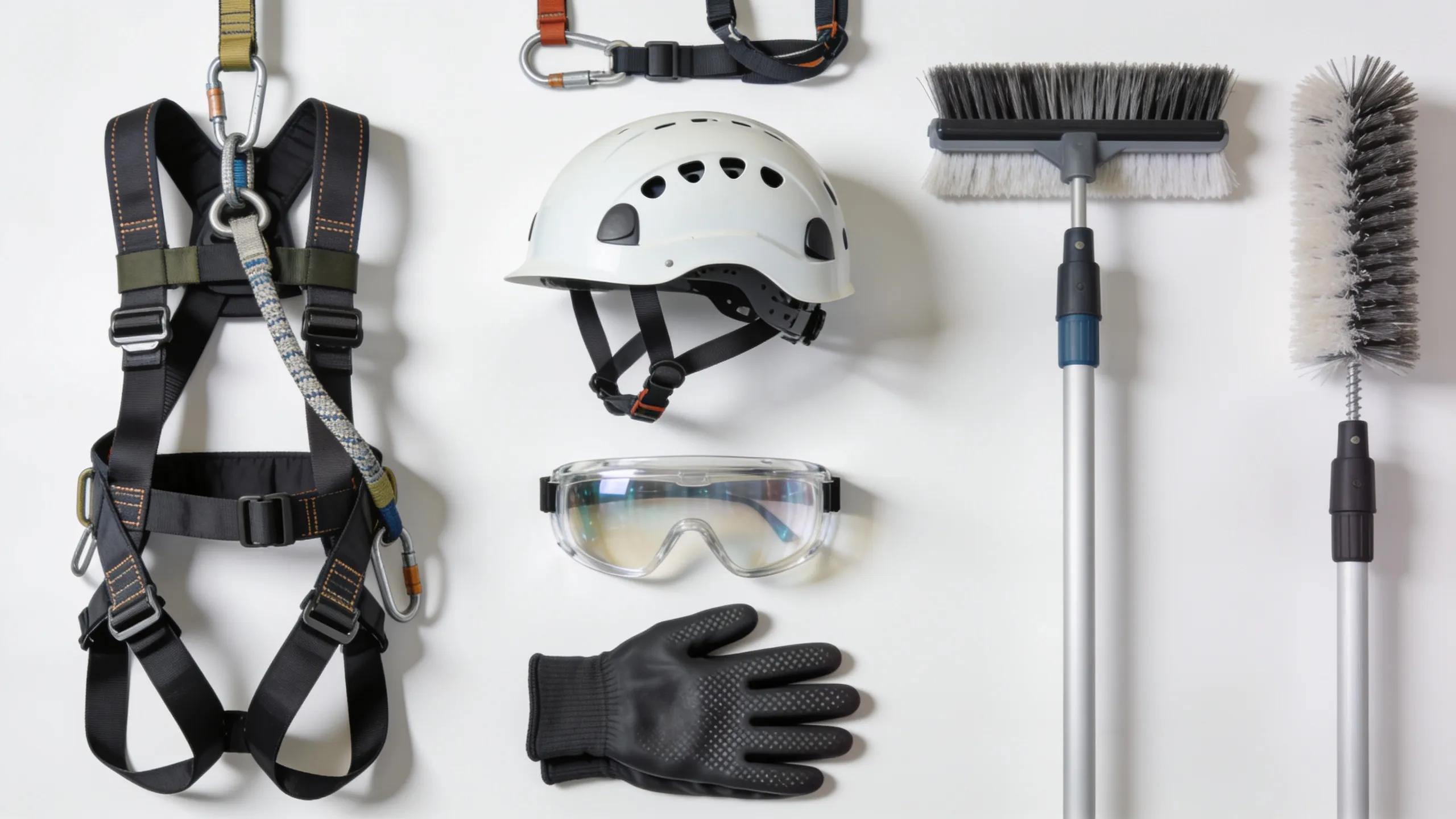 Display of essential safety equipment for window cleaning, including helmets, gloves, and fall protection systems
