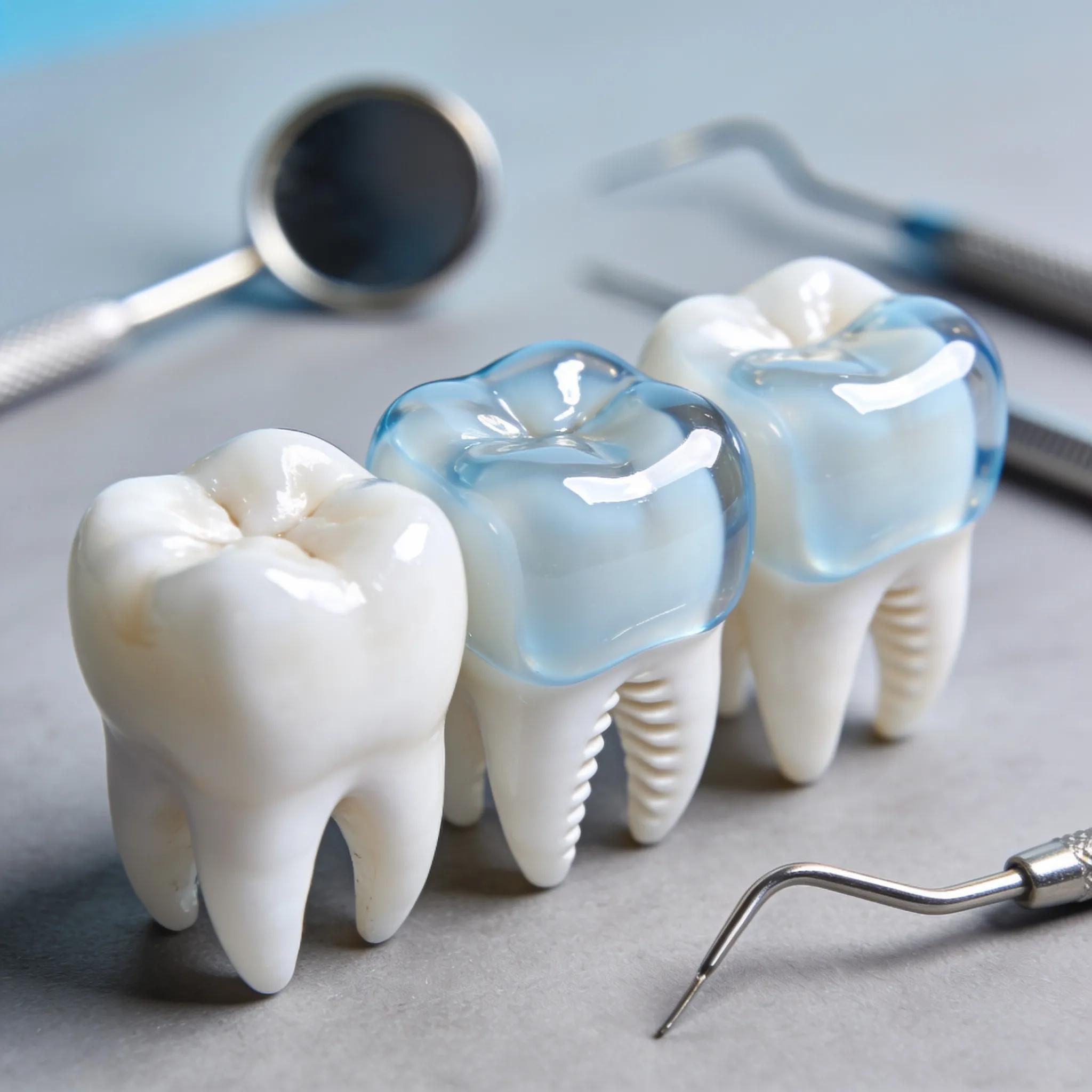 Close-up of healthy molars demonstrating the application of dental sealants for cavity protection