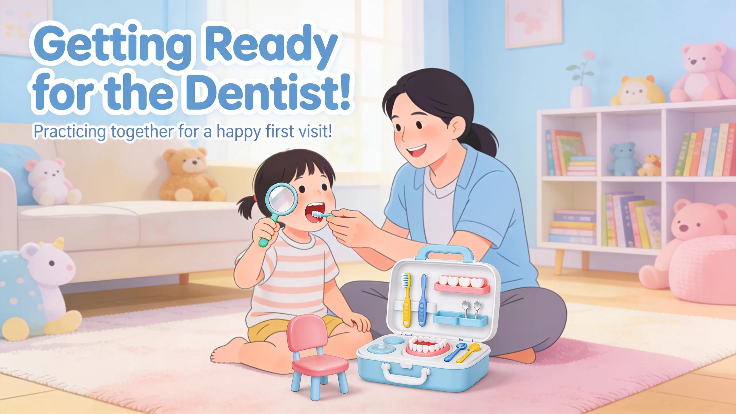 Parent and child practicing for a dental visit at home with a toy dentist kit, promoting positive preparation for the first dental appointment Parent and child practicing for a dental visit at home with a toy dentist kit, promoting positive preparation for the first dental appointment