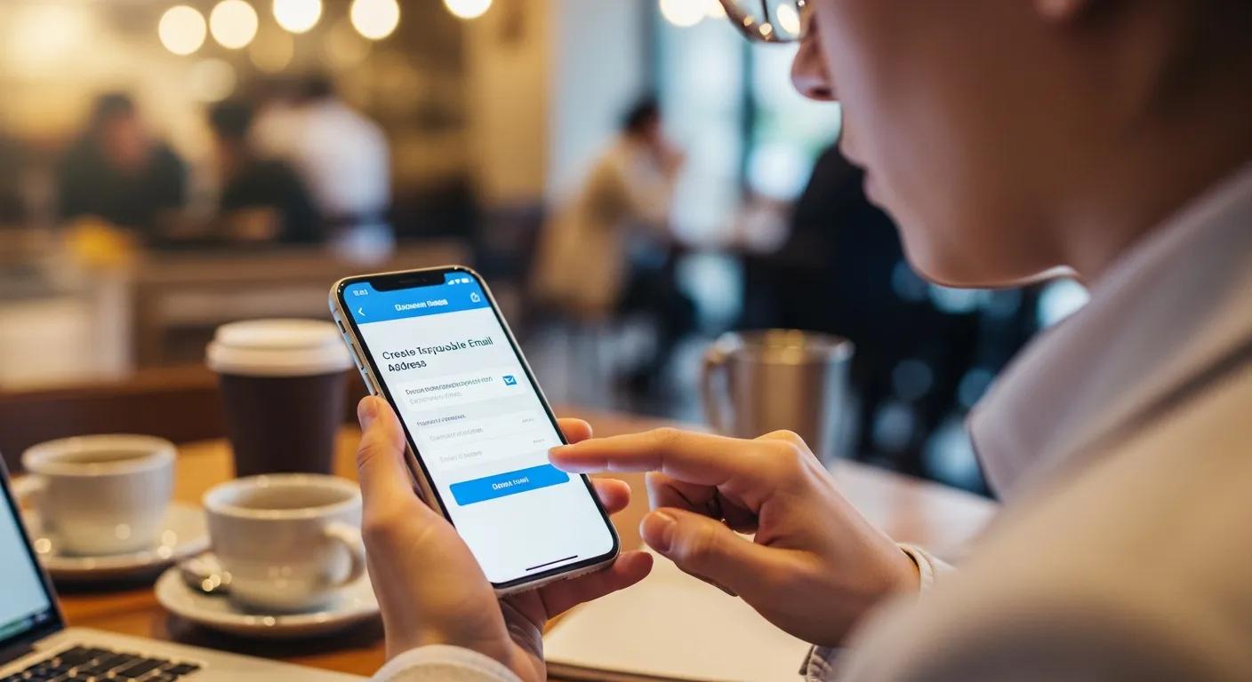 Person creating a temporary email on a smartphone in a coffee shop, showing how easy secure business communication can be