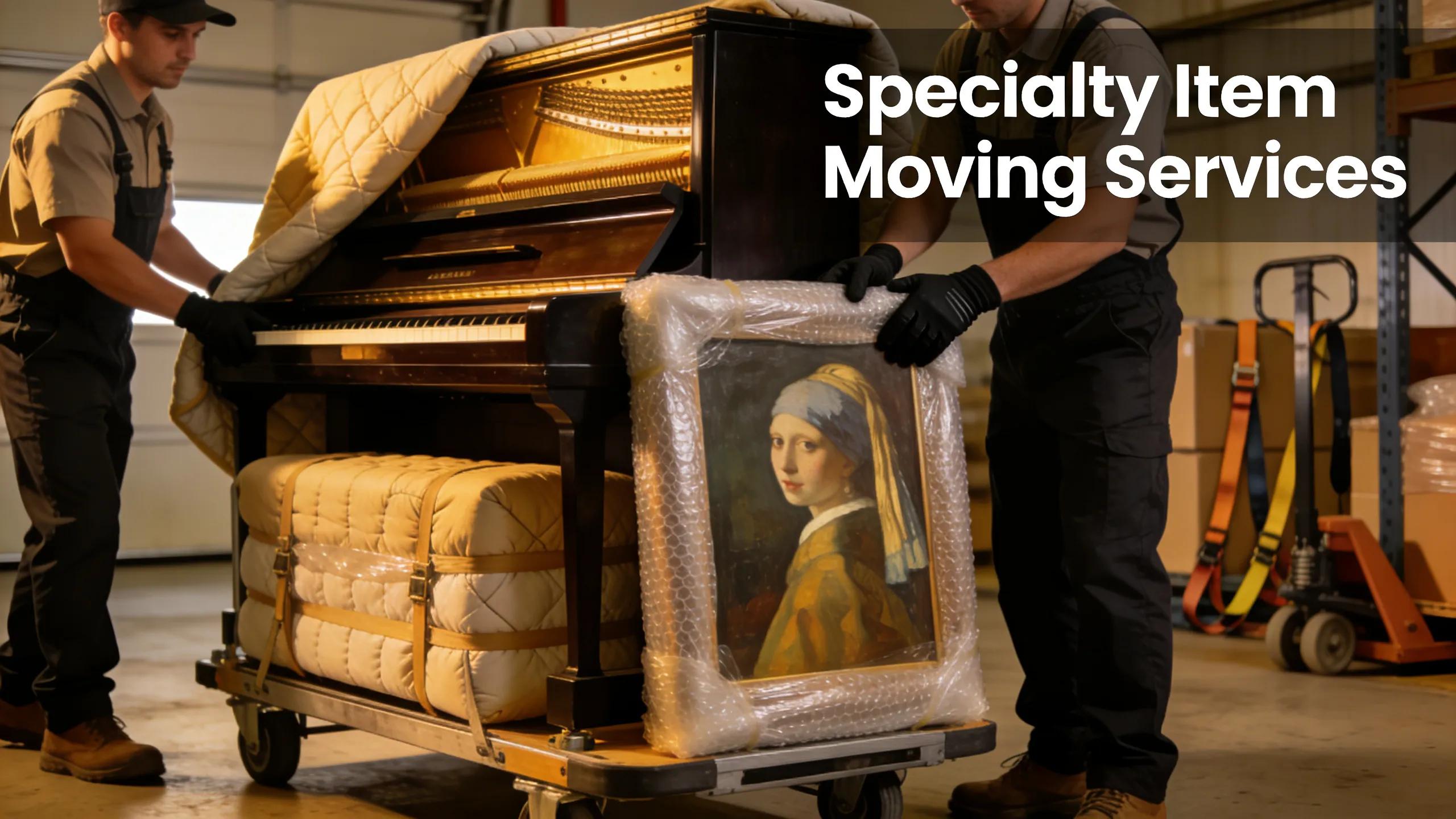 Professional movers handling delicate piano and fine art, showcasing specialty item moving services