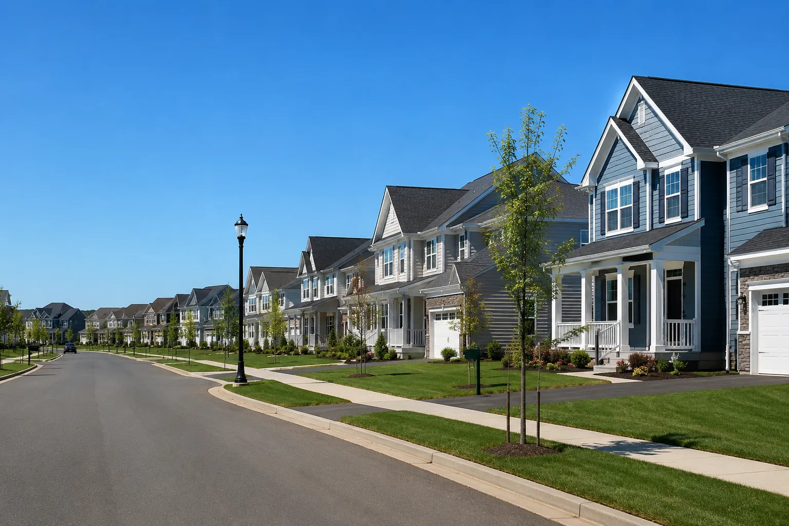 A street-level photo of a finished new construction neighborhood in Northern Virginia with sidewalks, street trees, and well-maintained front yards on a clear day. A street-level photo of a finished new construction neighborhood in Northern Virginia with sidewalks, street trees, and well-maintained front yards on a clear day.