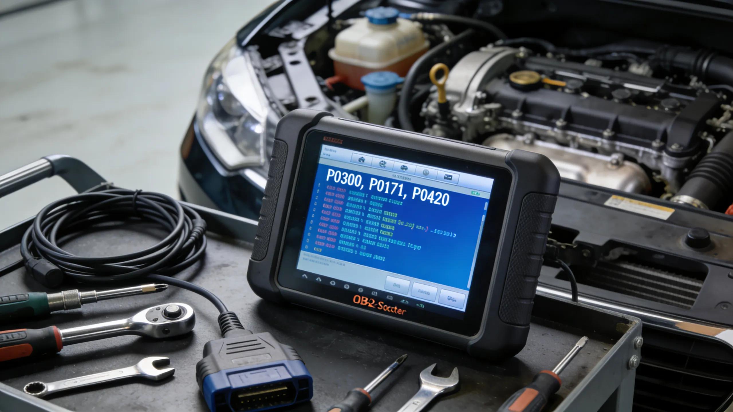 OBD-II scanner displaying engine fault codes amidst automotive tools, illustrating the diagnostics process OBD-II scanner displaying engine fault codes amidst automotive tools, illustrating the diagnostics process