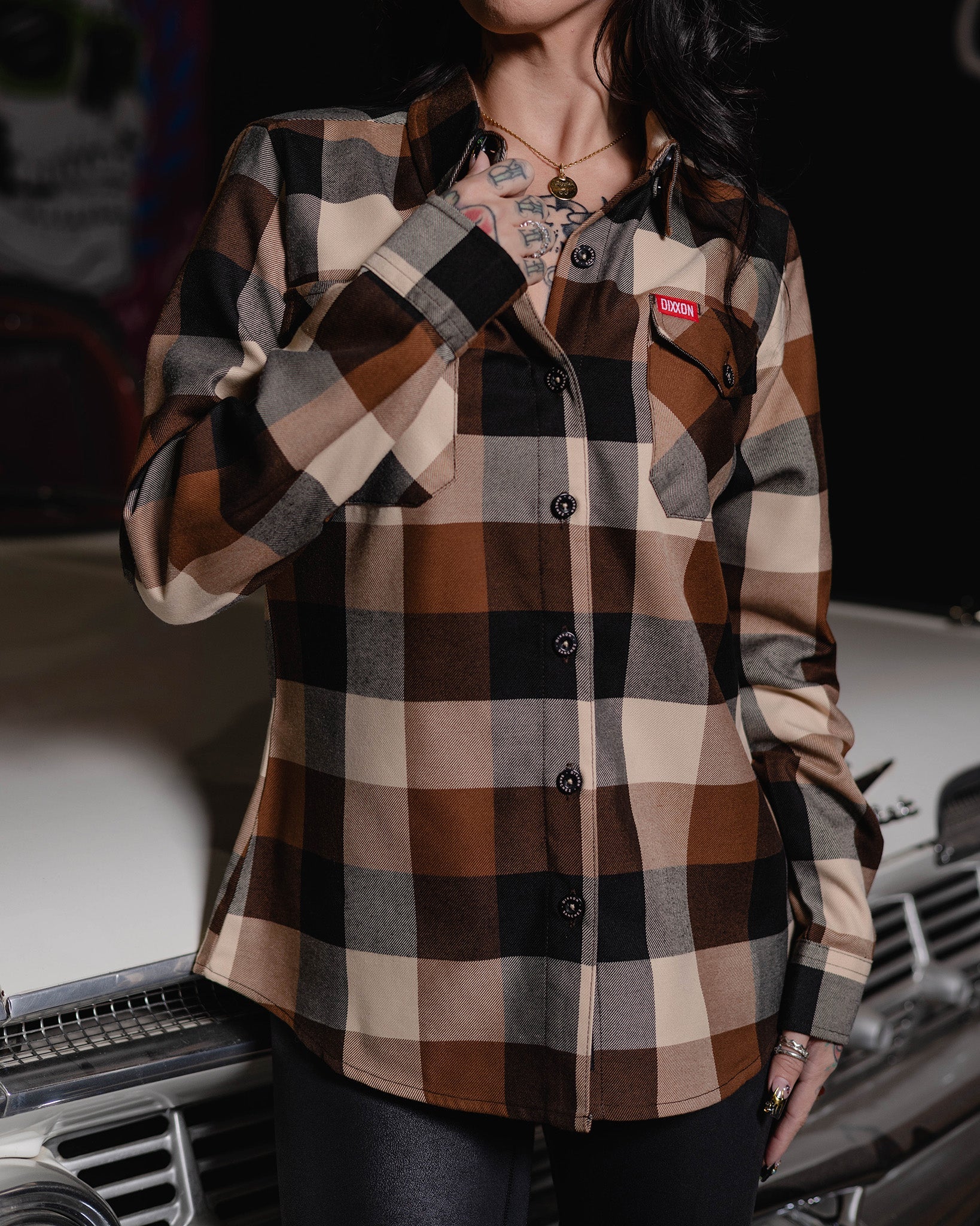 Woman standing in front of white vintage car wearing Women's Sanchez Flannel