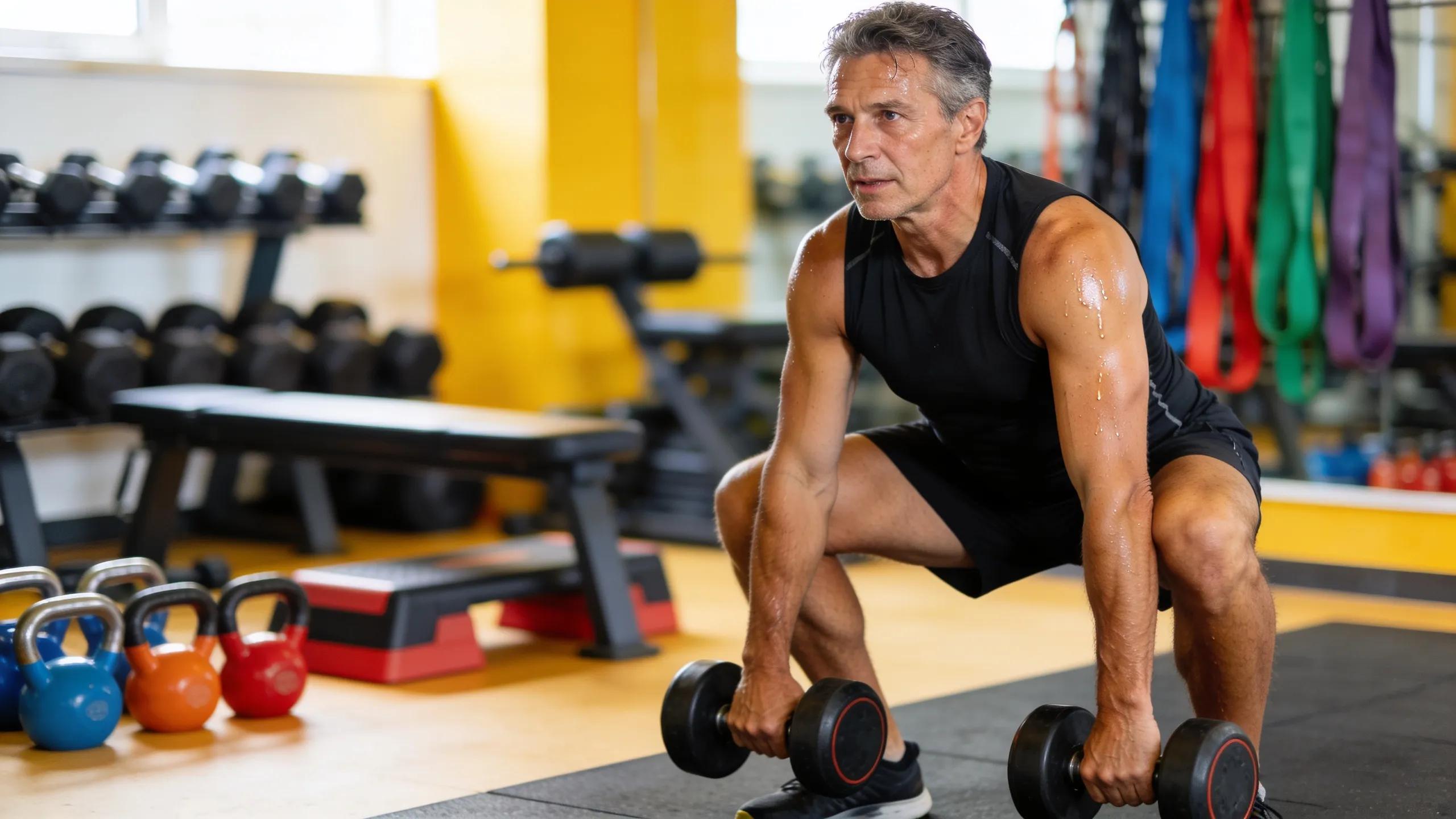 An adult performing strength training exercises in a gym, emphasizing fitness and health for those over 40