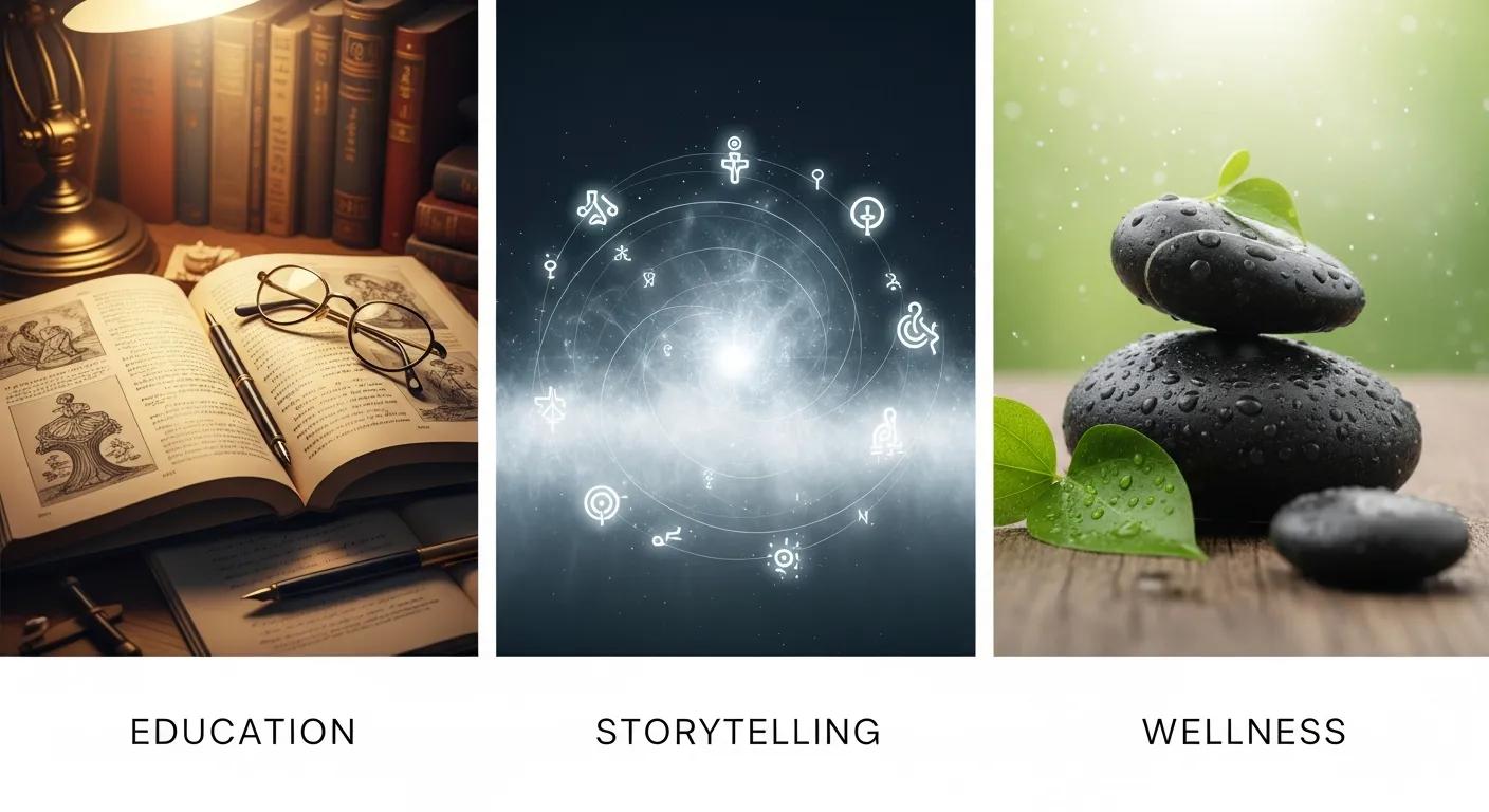 Examples of faceless video niches: education, storytelling, and wellness Examples of faceless video niches: education, storytelling, and wellness