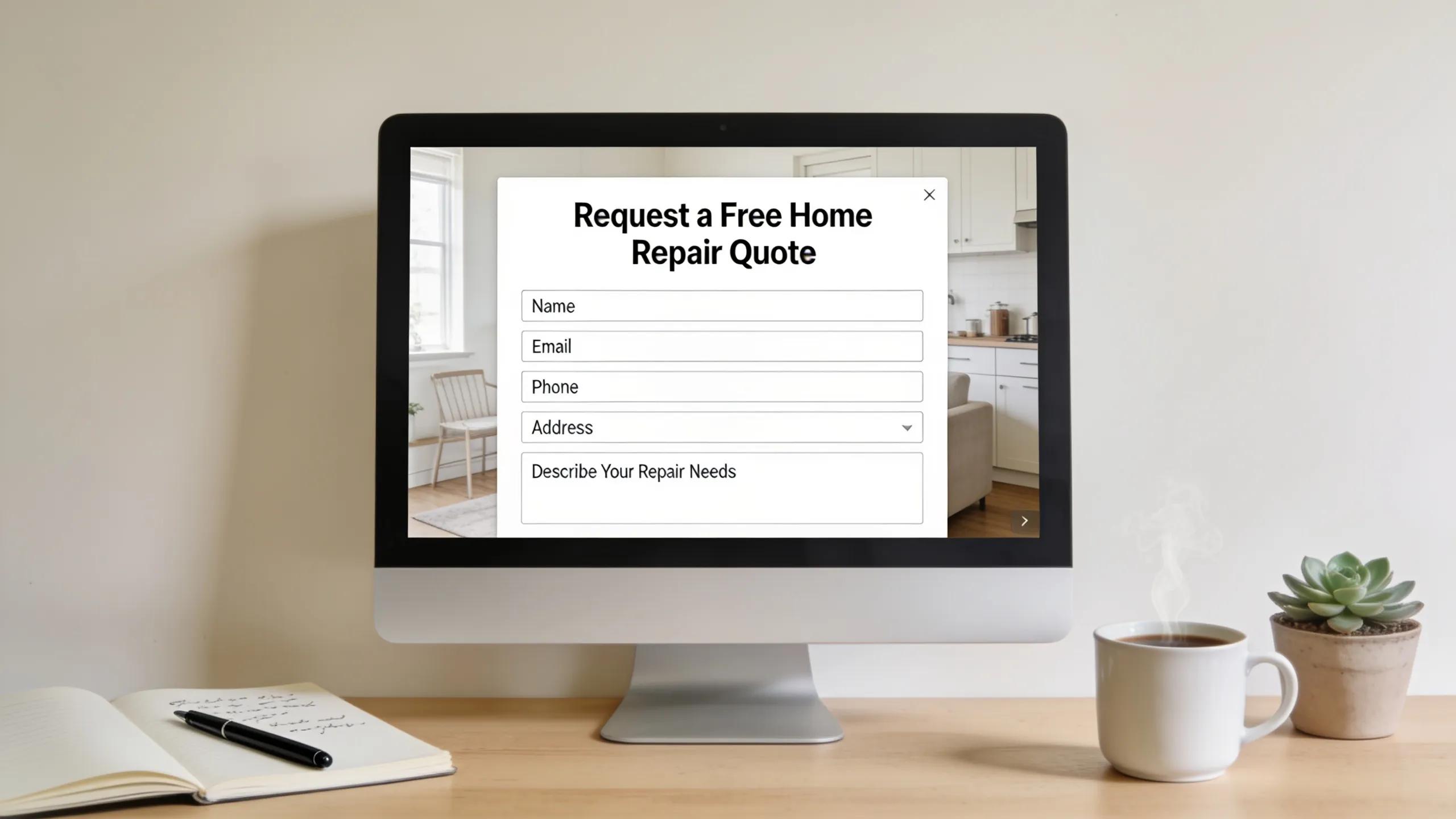 Desk with a computer displaying a form for a free quote on home repairs, highlighting ease of service acquisition