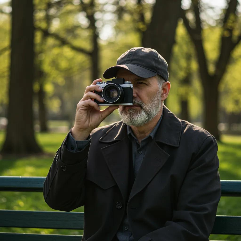 A private investigator discreetly conducting surveillance in a public park setting.