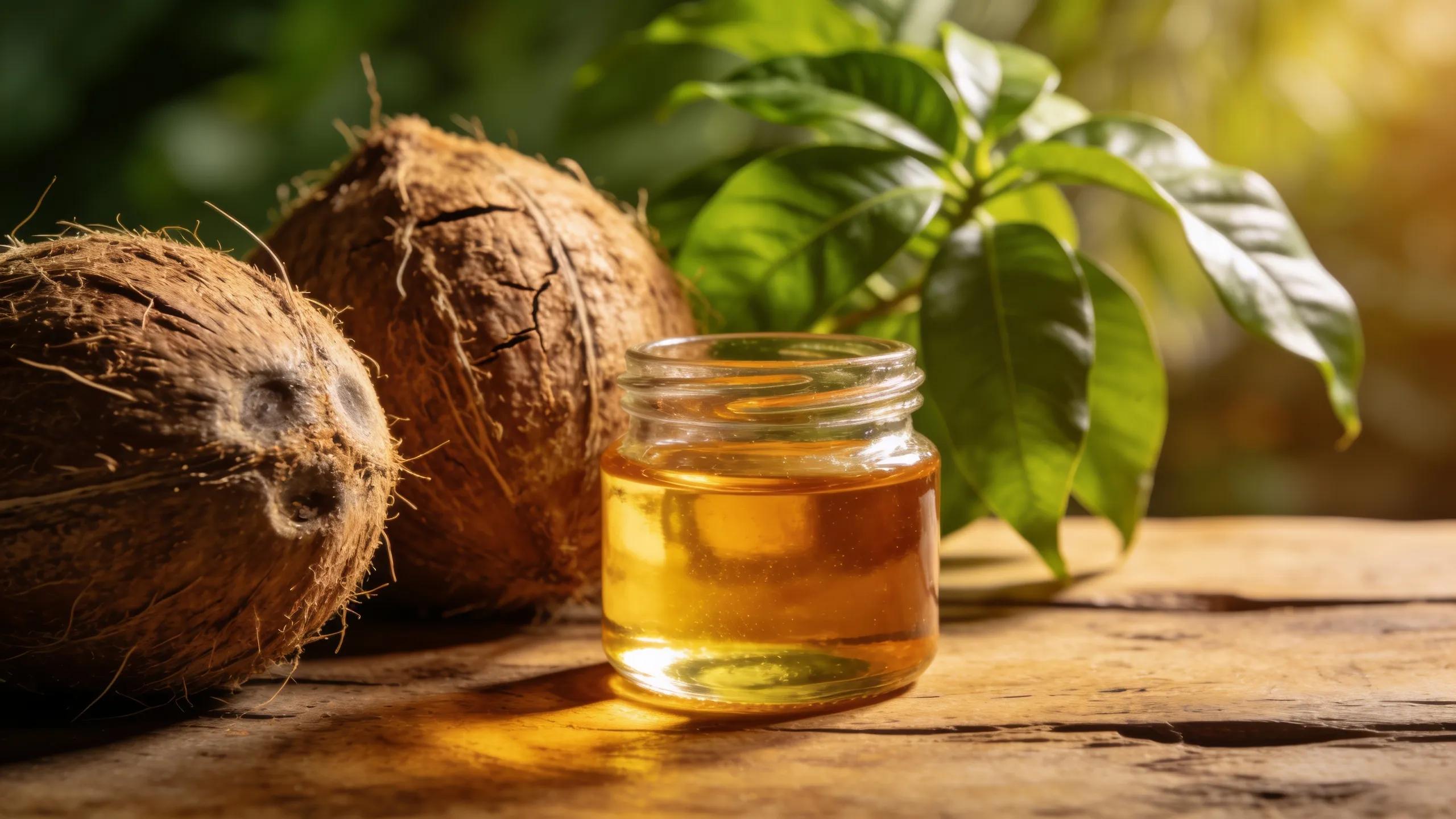 Fresh coconuts and coconut oil jar on a rustic table, emphasizing natural ingredients for deodorant effectiveness.