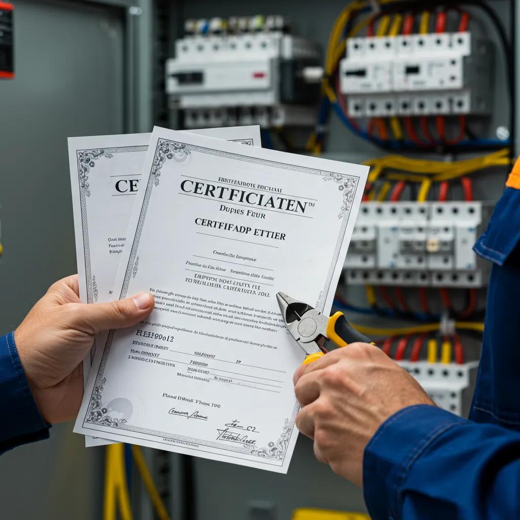 Certified electrician displaying certification documents and tools in front of an electrical panel