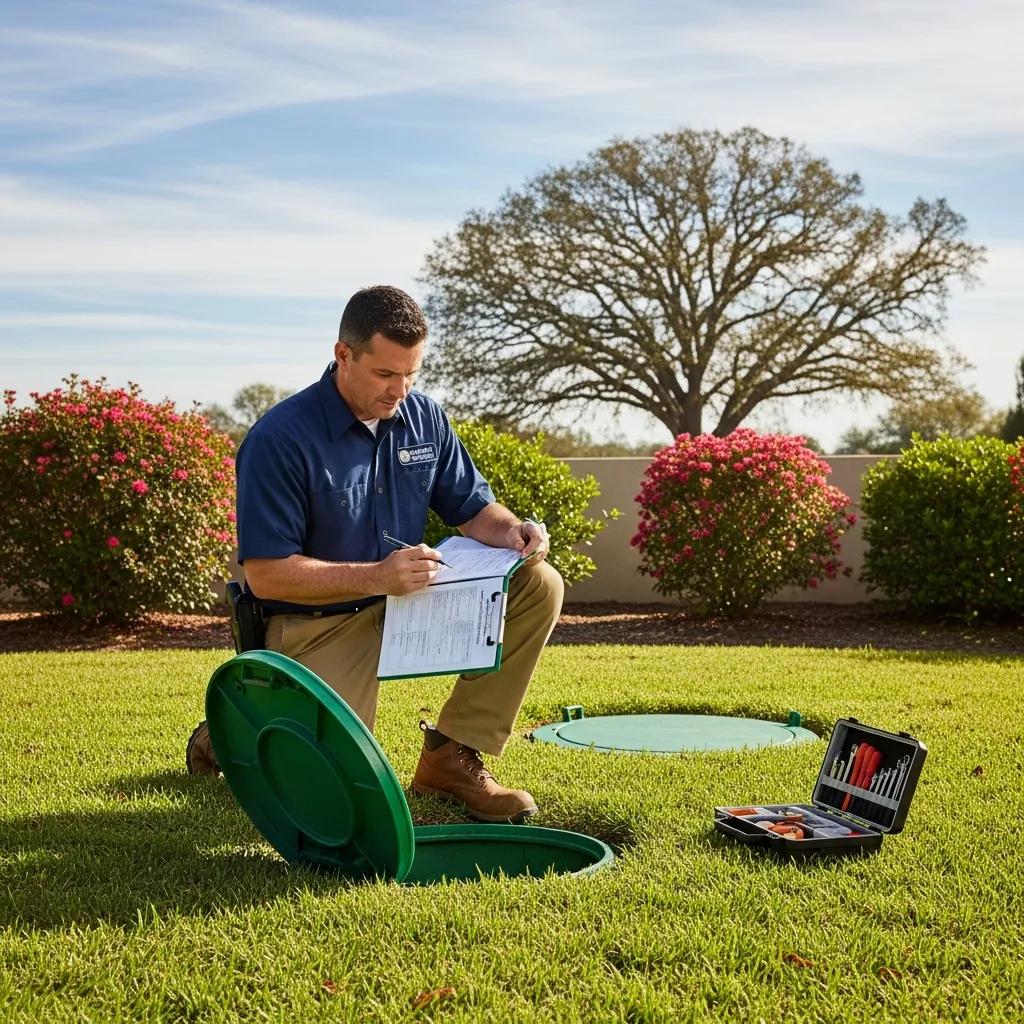 Certified septic inspector checking a home's septic system in a backyard