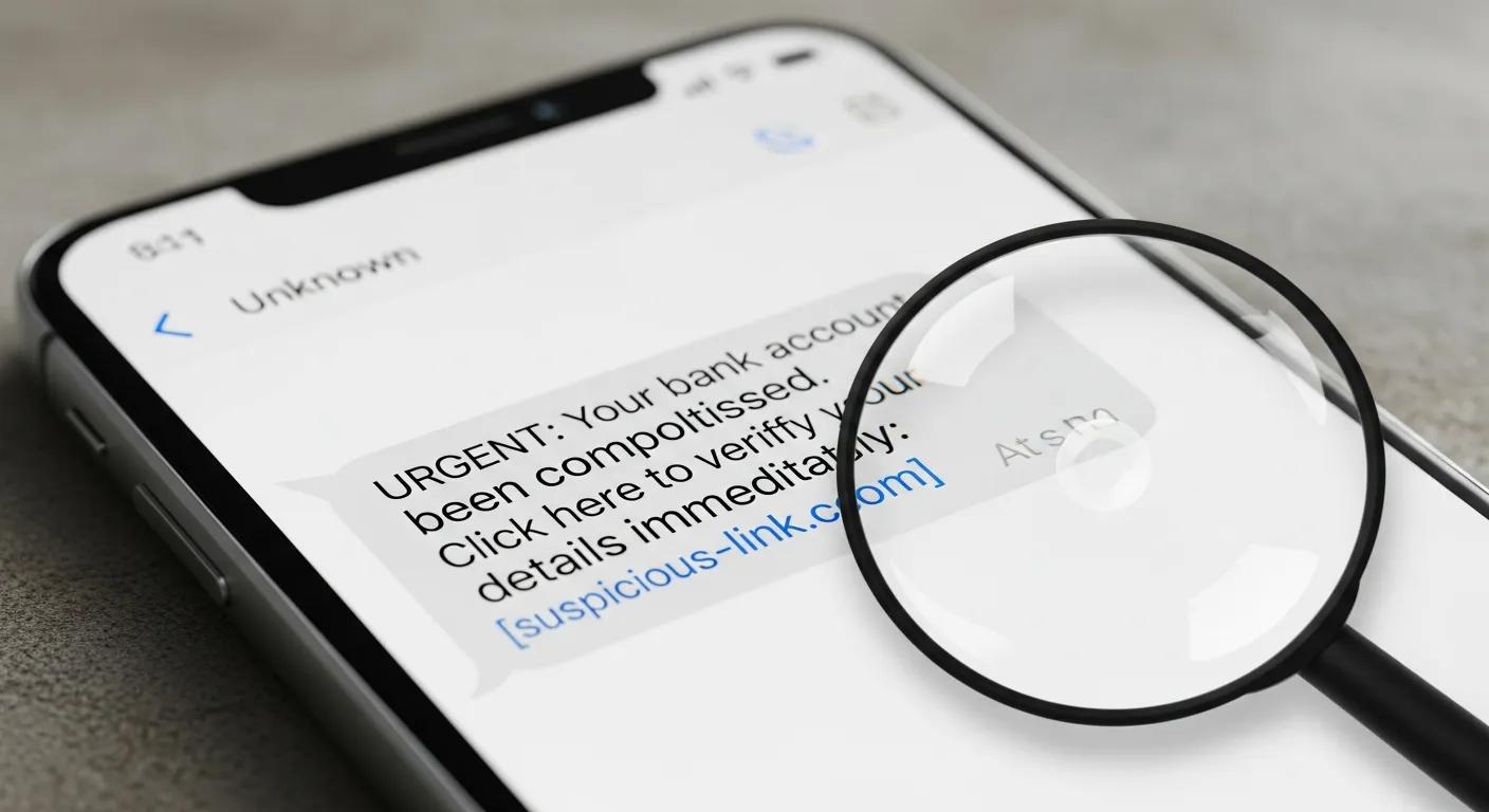 Close-up of a phone showing a suspicious text message, with a magnifying glass symbolizing careful inspection