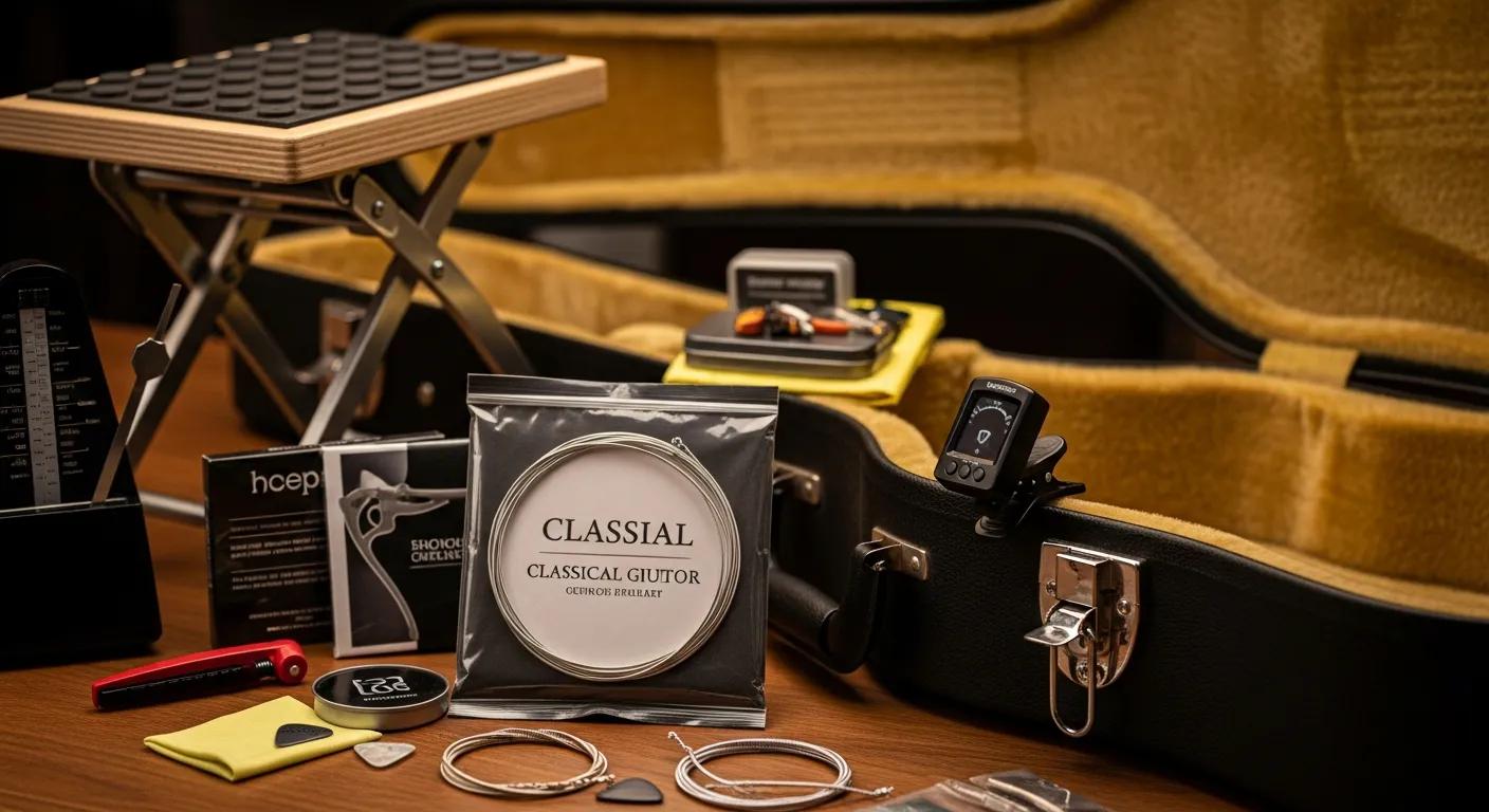 Essential classical guitar accessories including strings, case, tuner, and footstool