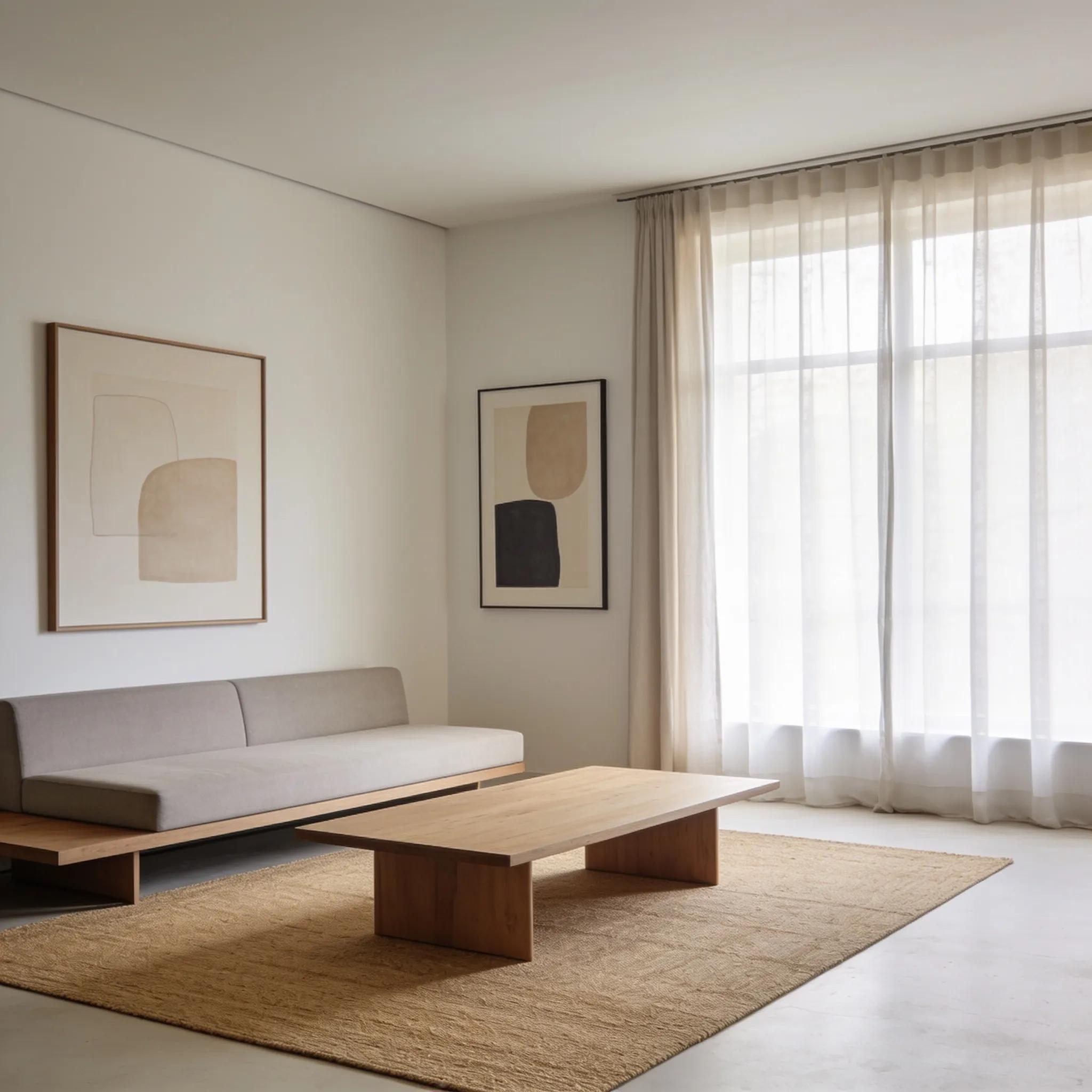 Minimalist interior with natural-fiber floor and muted palette