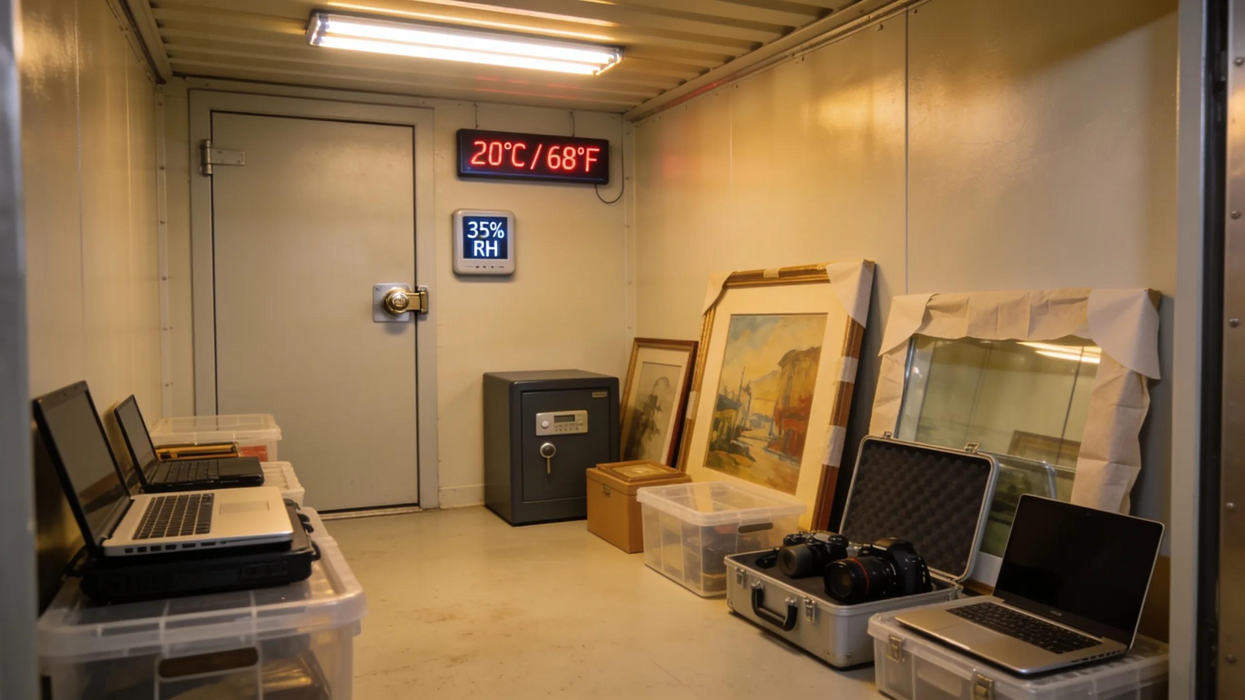 Interior view of a climate-controlled storage unit illustrating protection for sensitive items